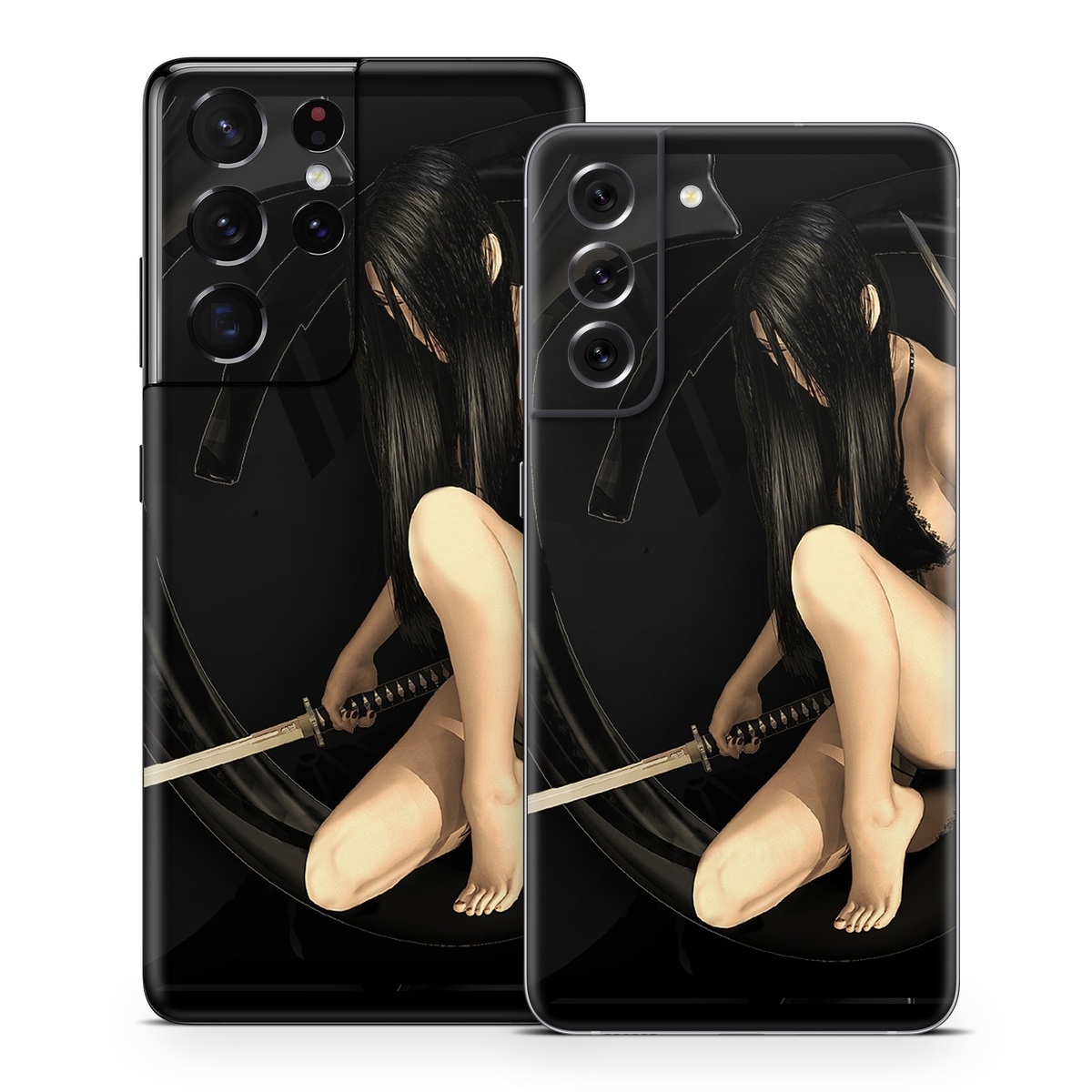 Samsung Galaxy S21 Series Skin design of Black, Photography, Leg, Black hair, Cg artwork, Darkness, Fetish model, Sitting, Flash photography, with black, yellow, gray, white colors