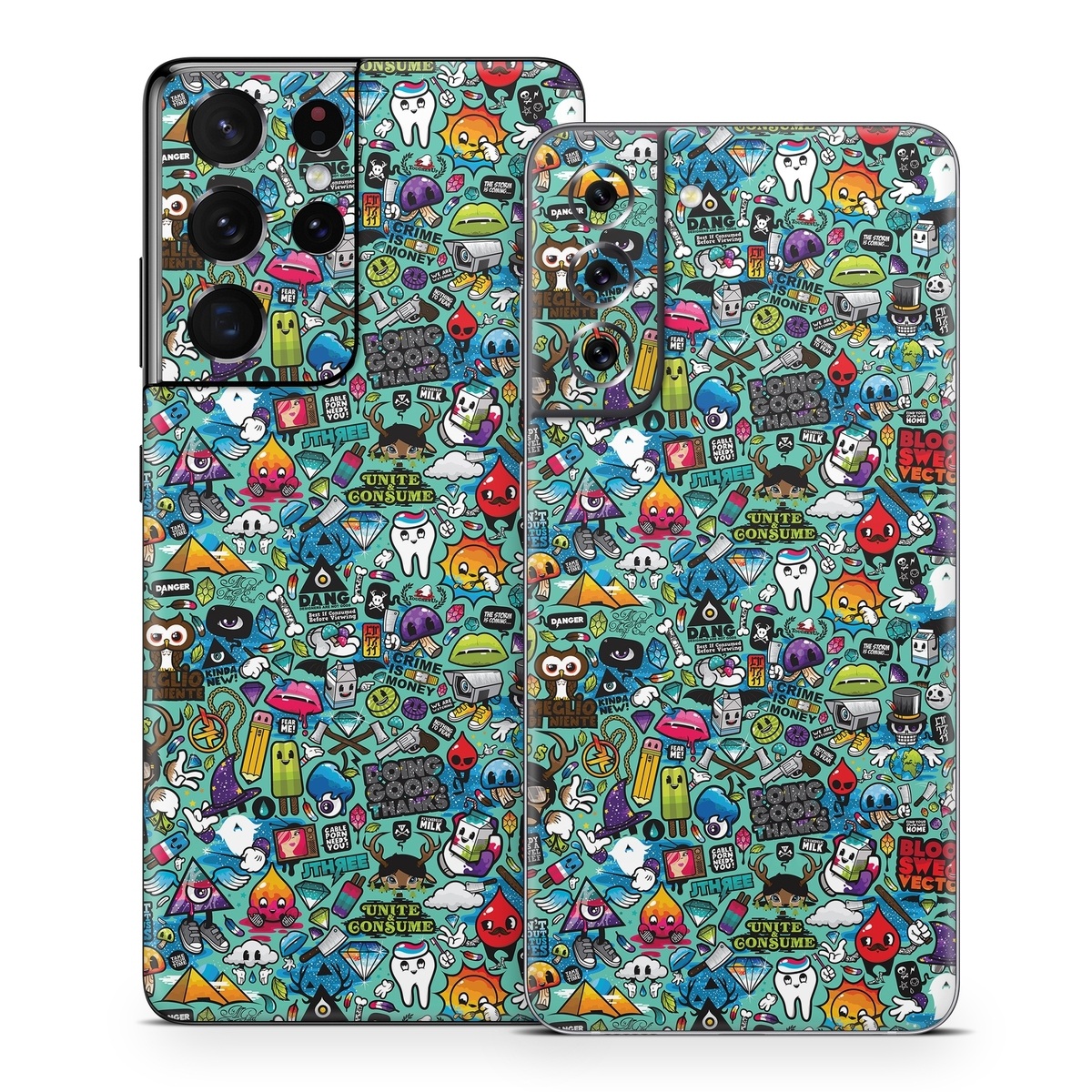 Samsung Galaxy S21 Series Skin design of Cartoon, Art, Pattern, Design, Illustration, Visual arts, Doodle, Psychedelic art, with black, blue, gray, red, green colors