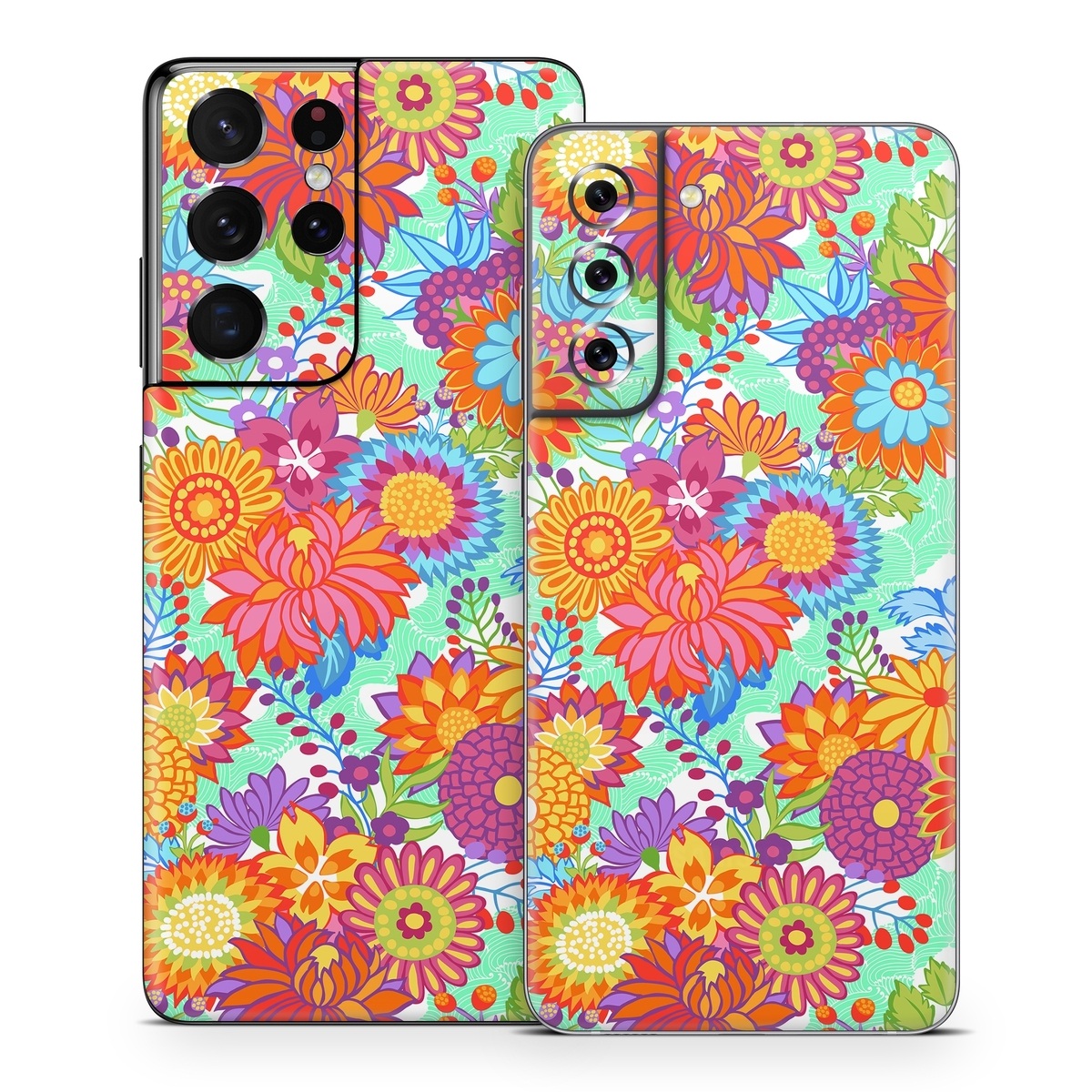 Samsung Galaxy S21 Series Skin design of Pattern, Floral design, Orange, Flower, Design, Textile, Plant, Wildflower, Wrapping paper, Visual arts, with gray, orange, green, purple colors