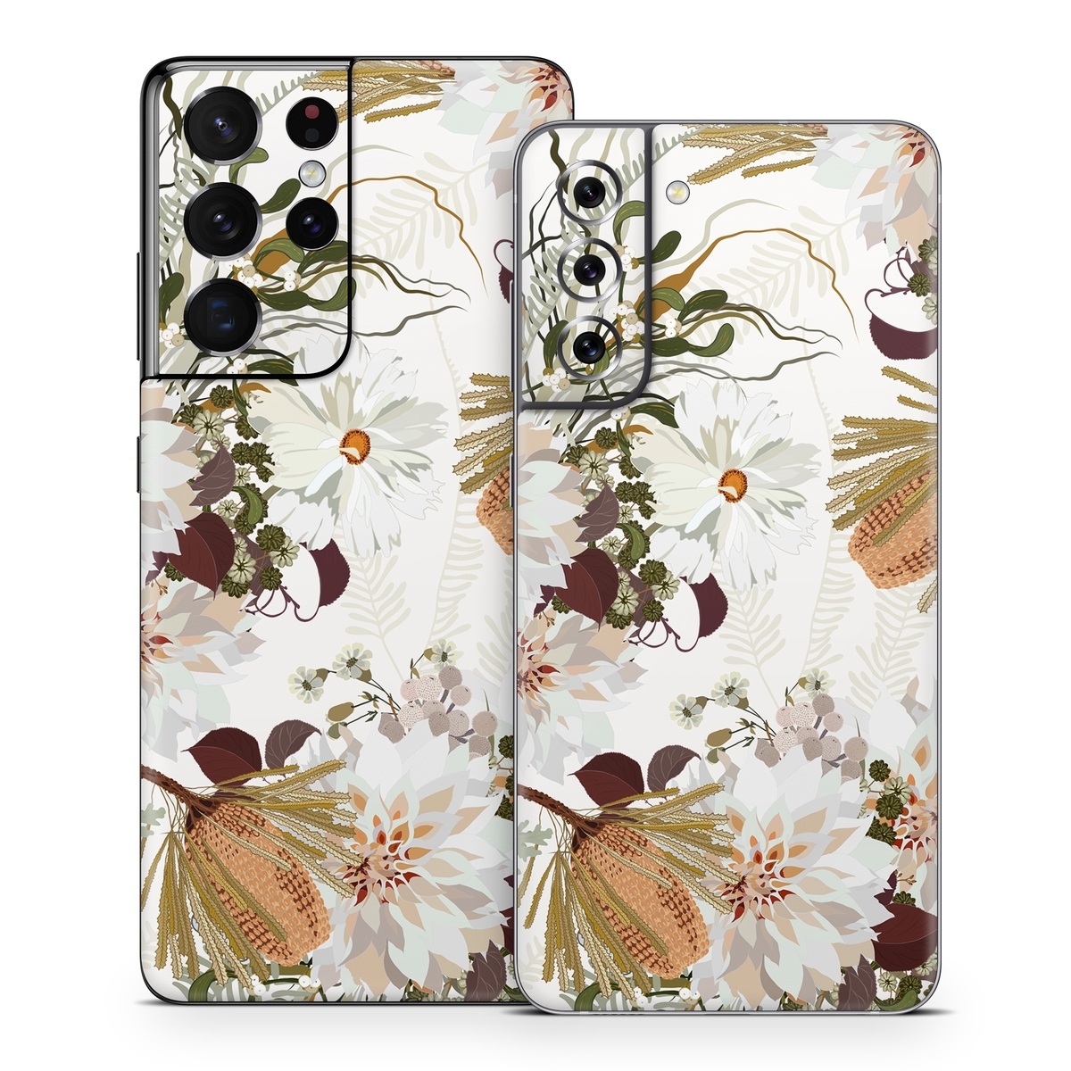Samsung Galaxy S21 Series Skin design of Flower, Botany, Plant, Floral design, Wildflower, Pattern, Wallpaper, Textile, Petal, Butterfly, with white, brown, green, gray colors