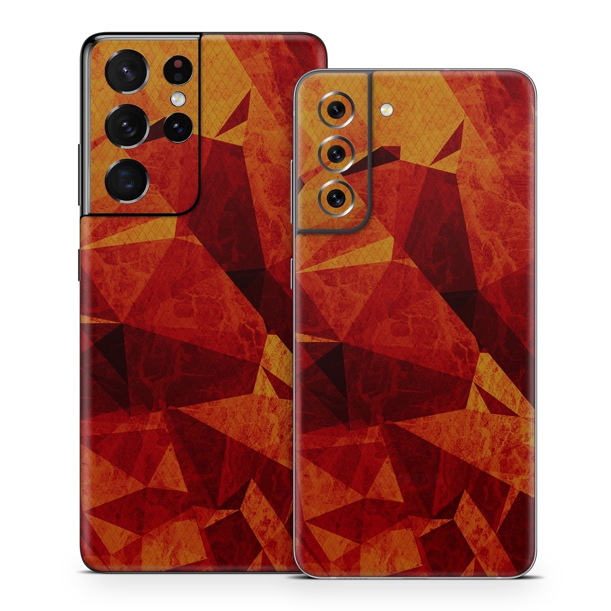 Samsung Galaxy S21 Series Skin design of Orange, Red, Yellow, Triangle, Pattern, Amber, Design, Art, Visual arts, Modern art, with black, orange, yellow colors