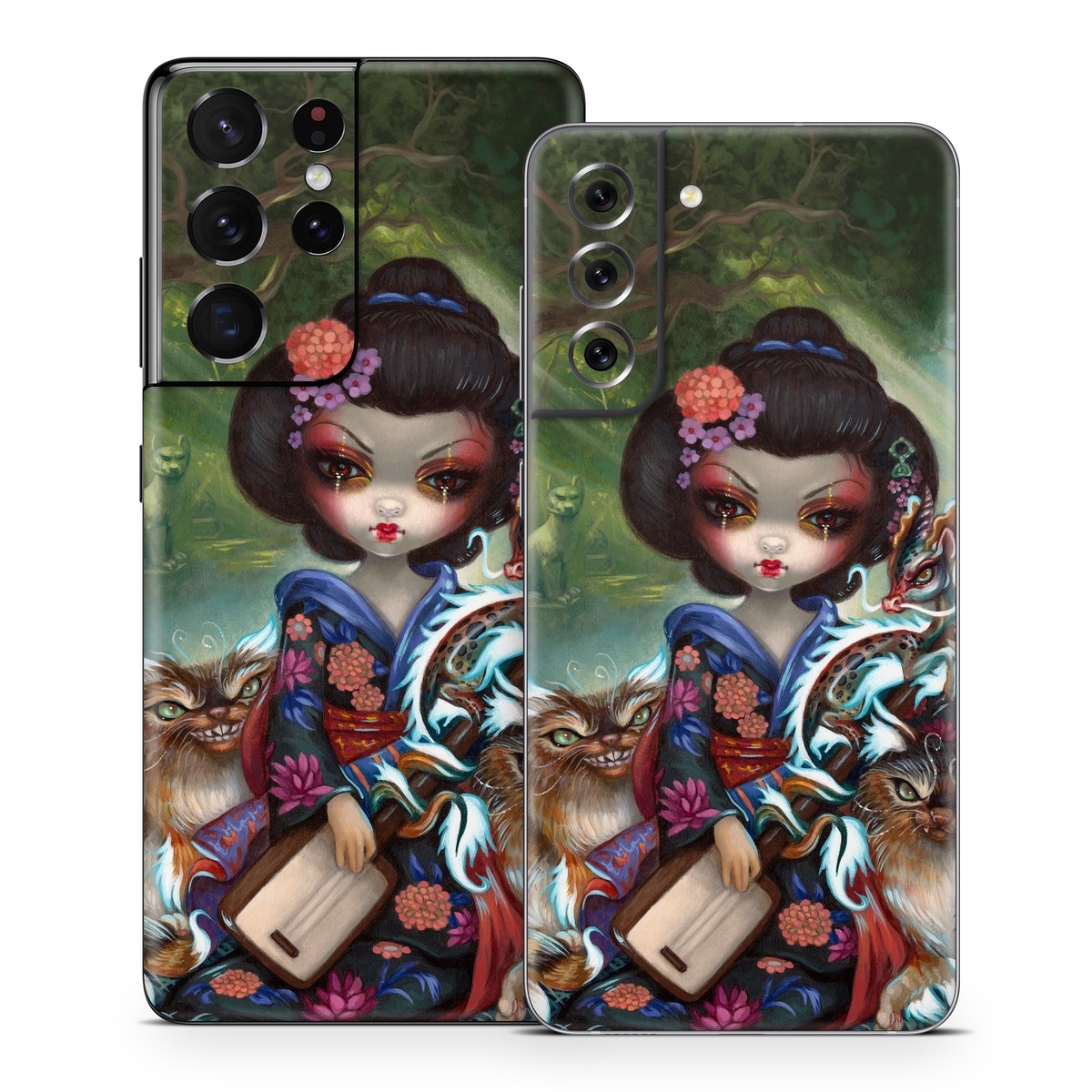 Samsung Galaxy S21 Series Skin design of Cat, Felidae, Whiskers, Illustration, Art, Small to medium-sized cats, Doll, Kitten, Norwegian forest cat, Fawn, with black, white, red, brown, blue, green, pink, purple colors