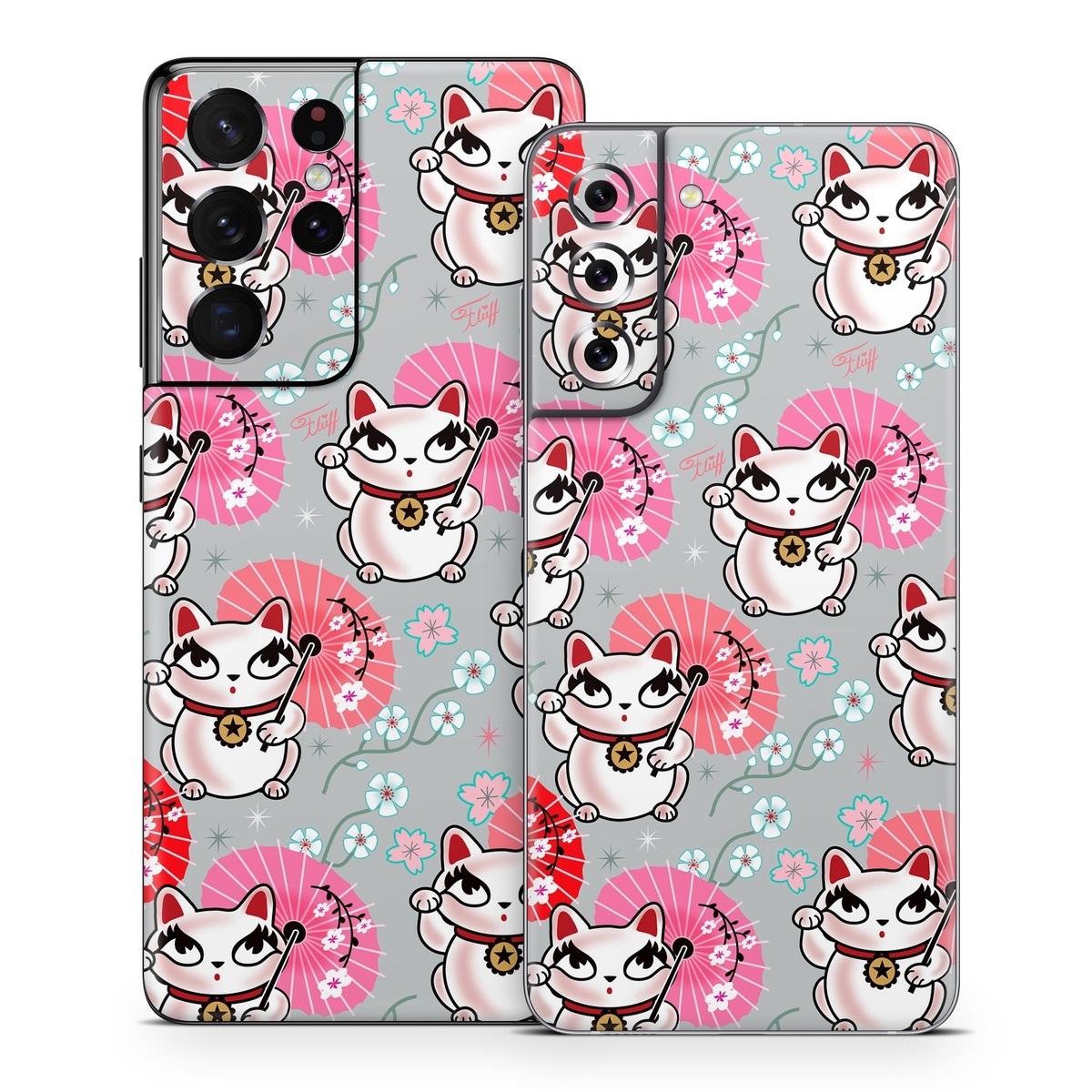 Samsung Galaxy S21 Series Skin design of Pink, Red, Cartoon, Design, Line, Textile, Pattern, Illustration, Smile, Fictional character, with white, red, pink, gray, blue, black colors