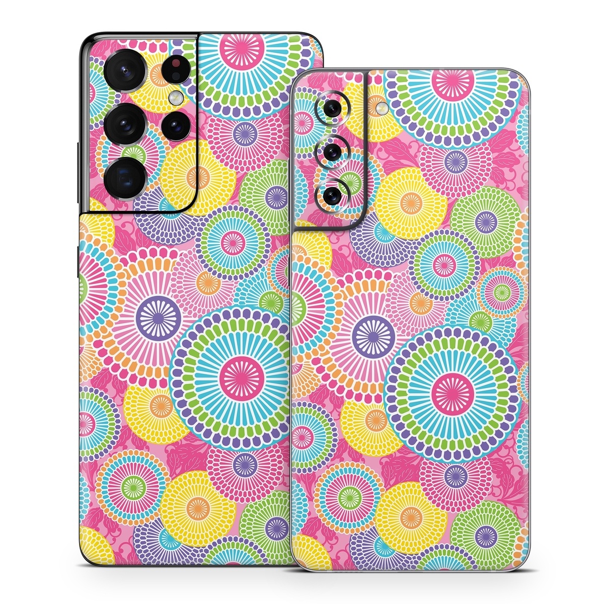 Samsung Galaxy S21 Series Skin design of Pattern, Circle, Textile, Design, Visual arts, Wrapping paper, with gray, pink, purple, orange, blue, green colors
