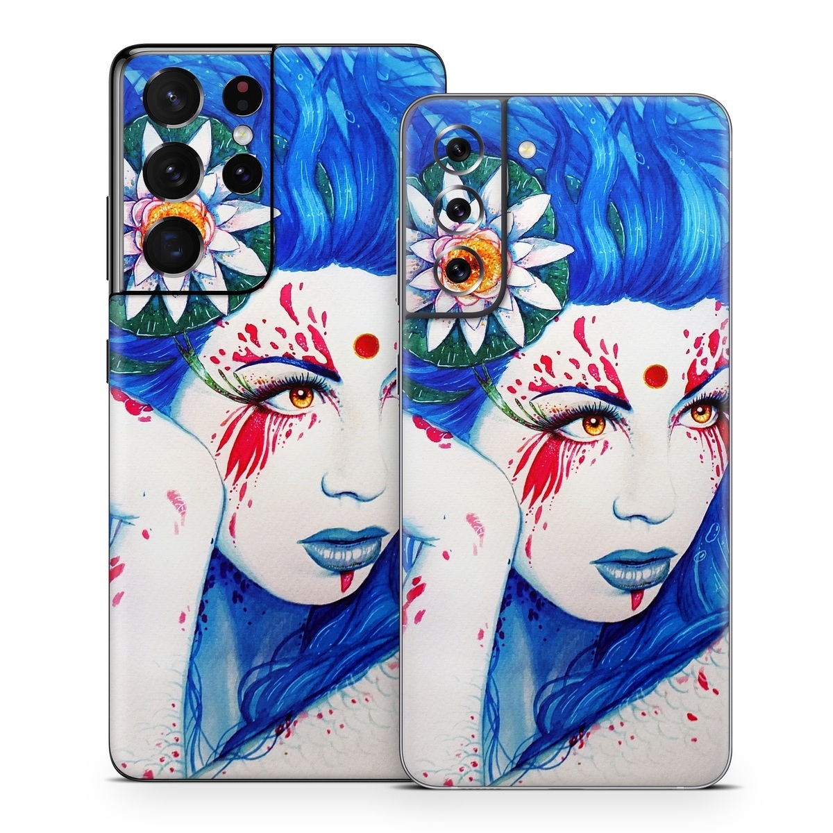 Samsung Galaxy S21 Series Skin design of Hairstyle, Paint, Art paint, Blue, Painting, Eyelash, Art, Artist, Electric blue, Illustration, with white, blue, red, yellow, green, orange colors