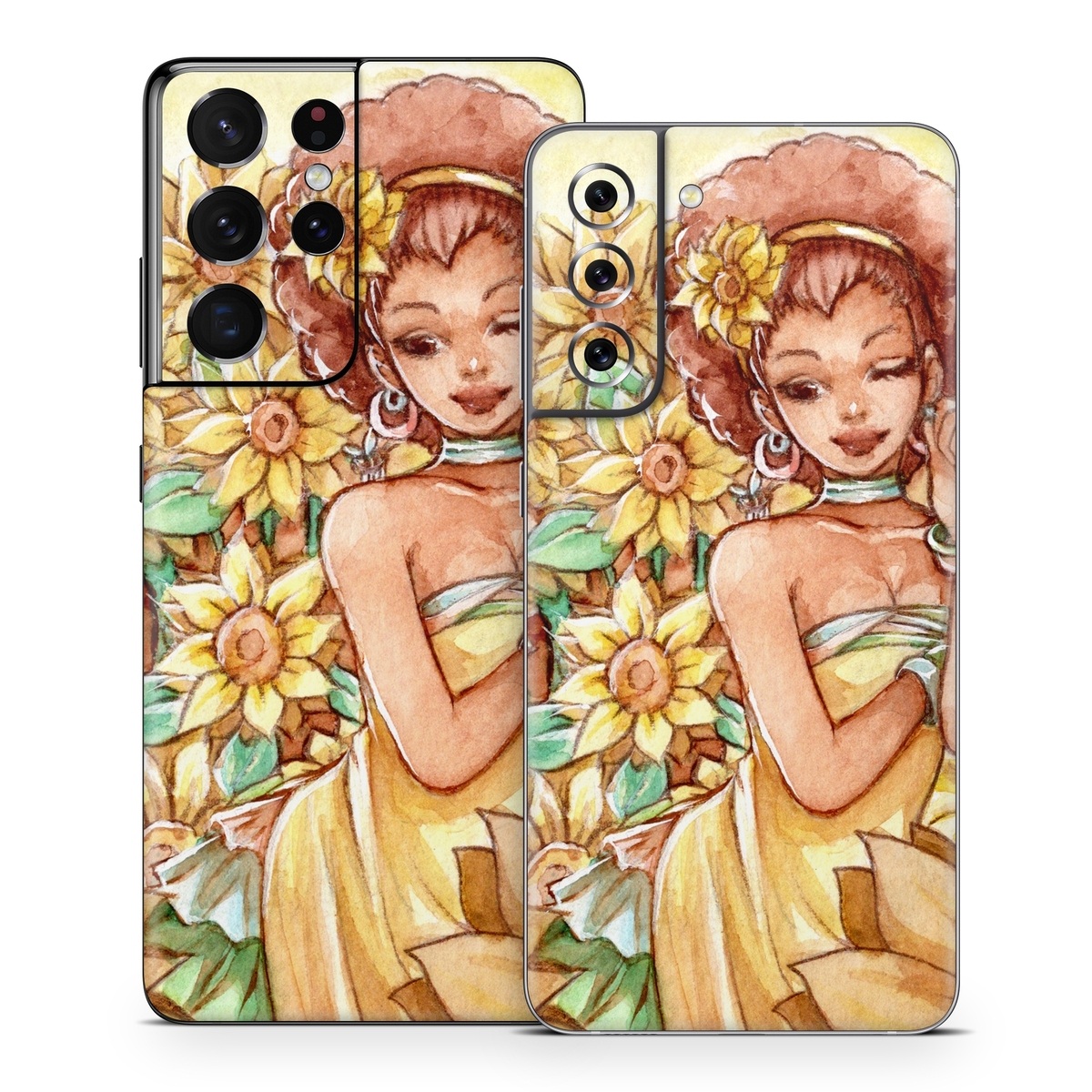 Samsung Galaxy S21 Series Skin design of Painting, Illustration, Art, Fictional character, Plant, Flower, Clip art, with yellow, orange, brown, green colors