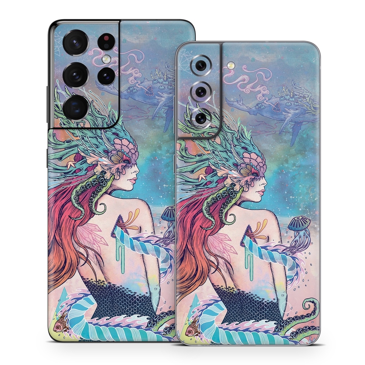 Samsung Galaxy S21 Series Skin design of Illustration, Fictional character, Art, Cg artwork, Fiction, Mythology, Painting, Mermaid, with blue, purple, green, red, yellow, pink colors