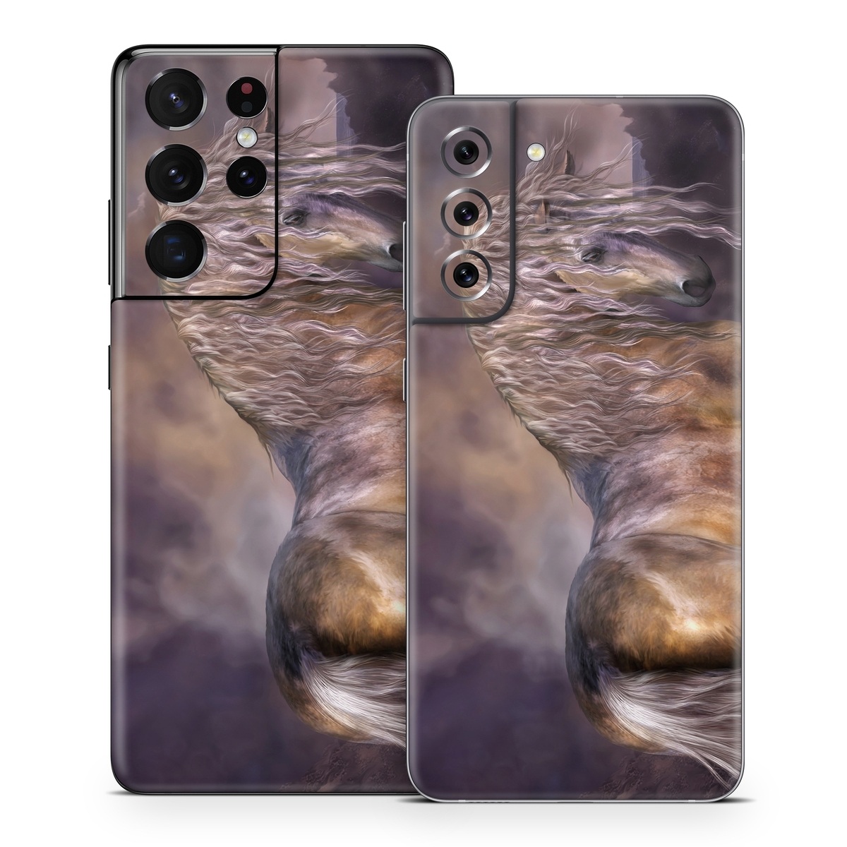 Samsung Galaxy S21 Series Skin design of Horse, Mane, Stallion, Mustang horse, Fictional character, Mare, Painting, Wildlife, Mythical creature, with black, gray, red, blue, green colors