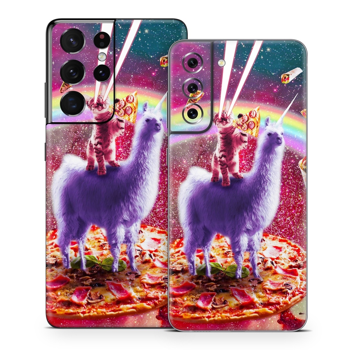 Samsung Galaxy S21 Series Skin design of Llama, Unicorn, Fictional character, Illustration, Graphic design, Livestock, Camelid, Mythical creature, Graphics, Art, with red, white, yellow, gray, purple, blue, green colors