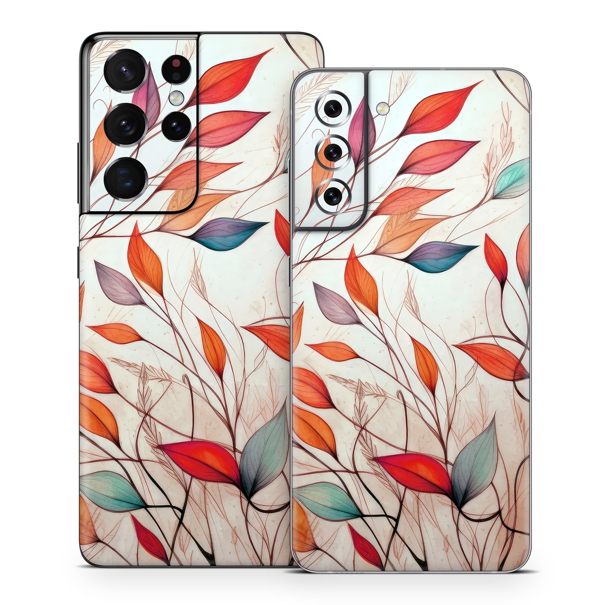 Samsung Galaxy S21 Series Skin design of Plant, Vertebrate, Art paint, Nature, Botany, Leaf, Branch, Twig, Textile, Orange, with yellow, orange, red, white, brown, blue colors
