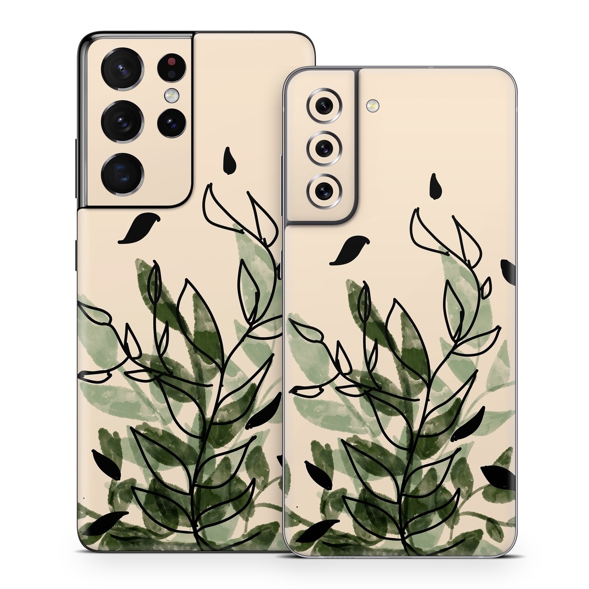 Samsung Galaxy S21 Series Skin design of Leaf, Plant, Botany, Branch, Flower, Plant Stem, Pedicel, Twig, Illustration, with green, black, brown colors