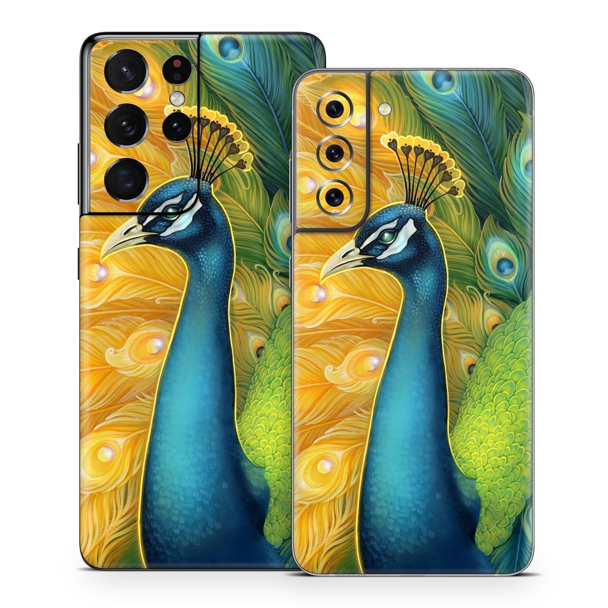 Samsung Galaxy S21 Series Skin design of Bird, Peafowl, Phasianidae, Beak, Organism, Art paint, Galliformes, Art, Feather, Painting, with yellow, orange, green, blue, white, black colors