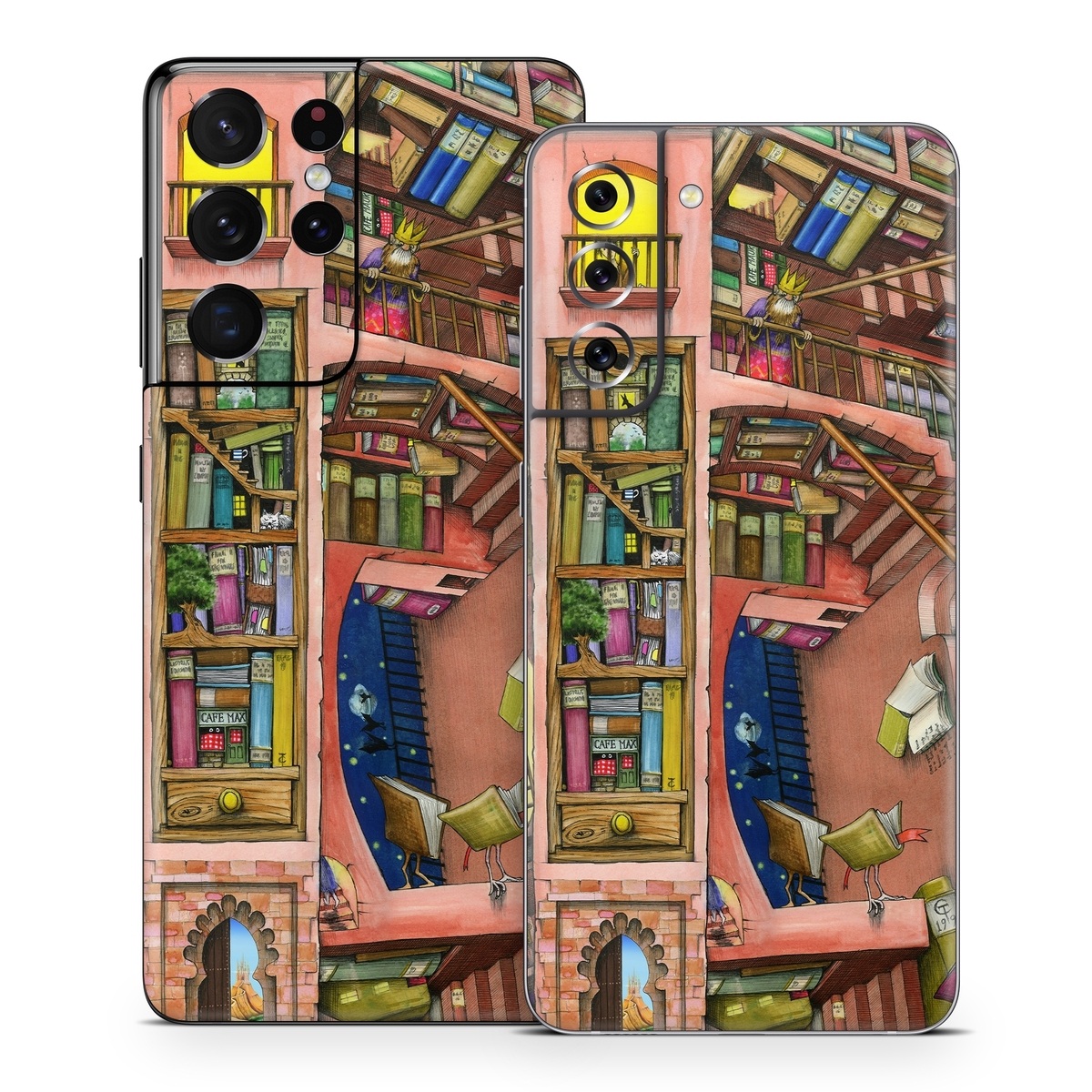 Samsung Galaxy S21 Series Skin design of Cartoon, Building, Art, Architecture, Design, Fun, Retail, Illustration, Neighbourhood, Room, with pink, yellow, blue, red, orange, brown colors