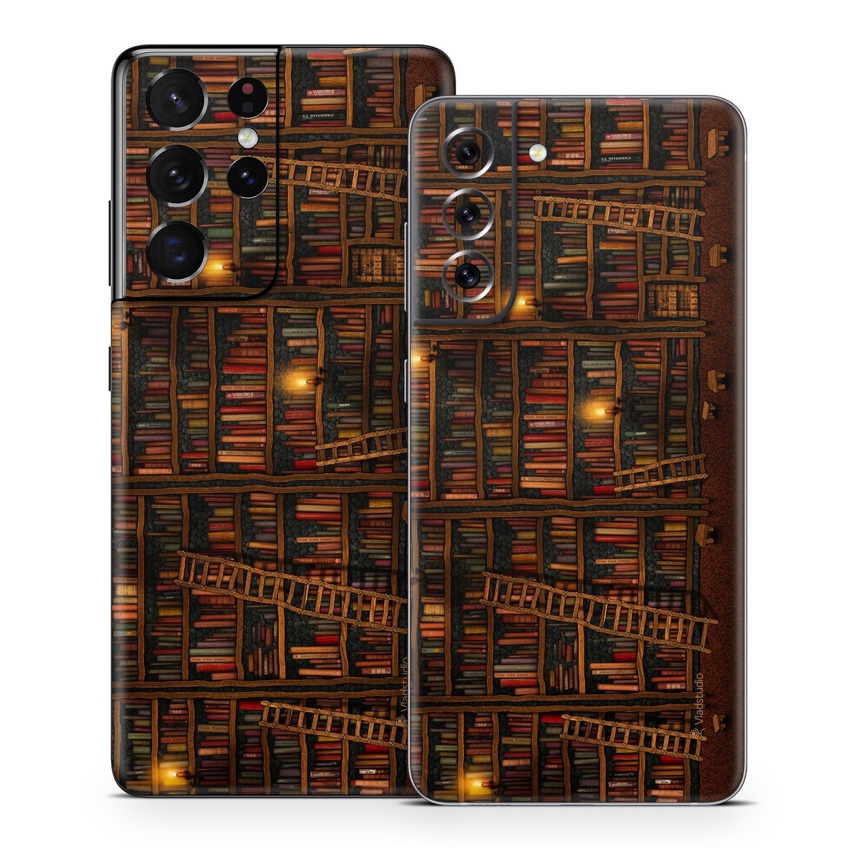 Samsung Galaxy S21 Series Skin design of Shelving, Library, Bookcase, Shelf, Furniture, Book, Building, Publication, Room, Darkness, with black, red colors