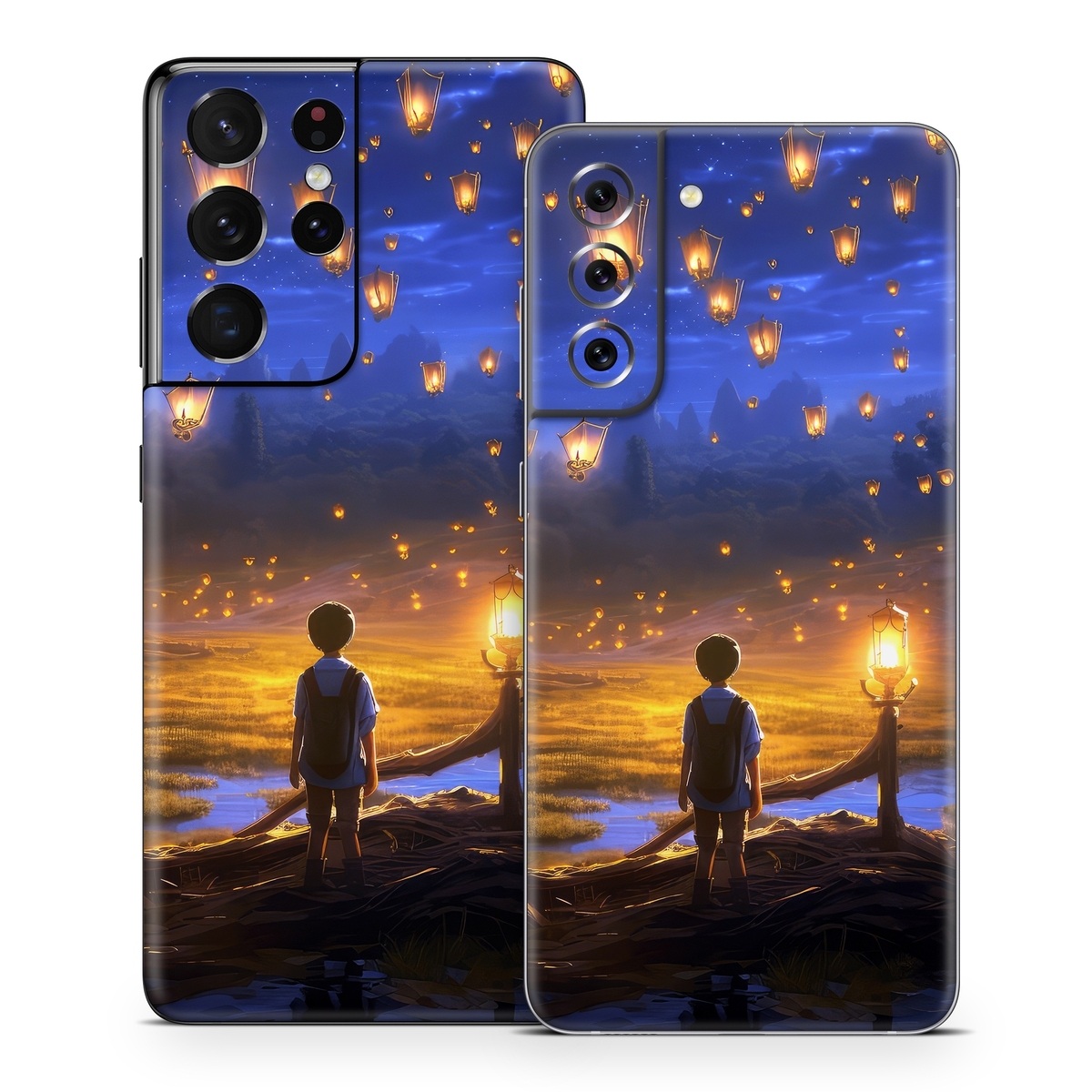 Samsung Galaxy S21 Series Skin design of Cloud, World, Nature, Sky, People in nature, Happy, Flash photography, Natural landscape, Horizon, Heat, with black, blue, orange, yellow, gray, purple, orange, green colors