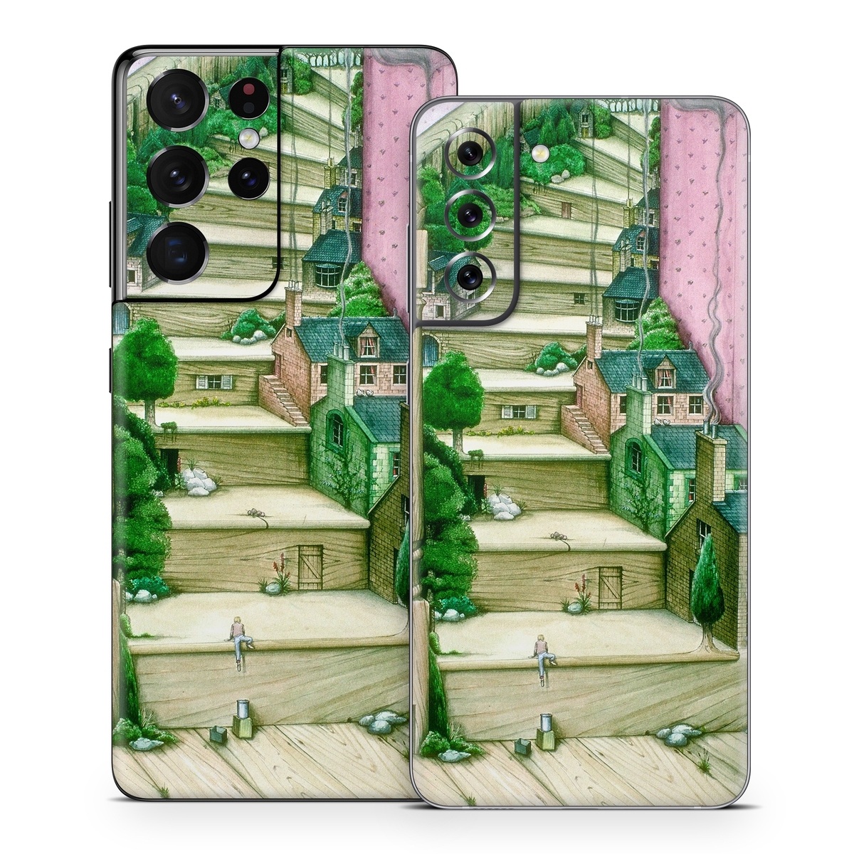Samsung Galaxy S21 Series Skin design of Green, Stairs, House, Watercolor paint, Home, Illustration, Building, Wood, Plant, Sketch, with pink, green, brown colors
