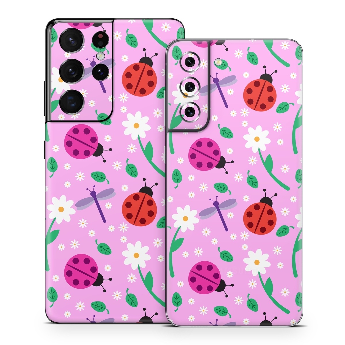 Samsung Galaxy S21 Series Skin design of Pink, Pattern, Design, Magenta, Clip art, Plant, Visual arts, Ladybug, Child art, Illustration, with pink, white, purple, gray, red, blue colors