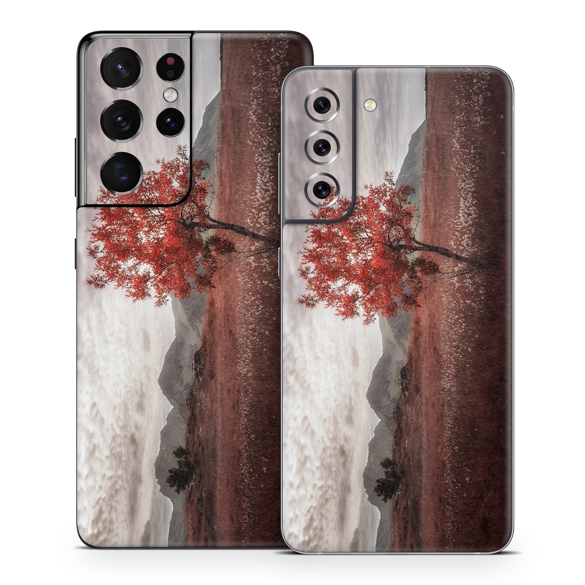 Samsung Galaxy S21 Series Skin design of Natural landscape, Nature, Tree, Sky, Red, Natural environment, Atmospheric phenomenon, Leaf, Cloud, Woody plant, with black, gray, red colors