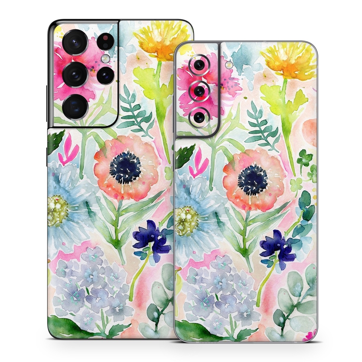 Samsung Galaxy S21 Series Skin design of Flower, Watercolor paint, Plant, Flowering plant, Pattern, Floral design, Botany, Petal, Wildflower, Design, with green, pink, yellow, orange, blue, red, purple colors