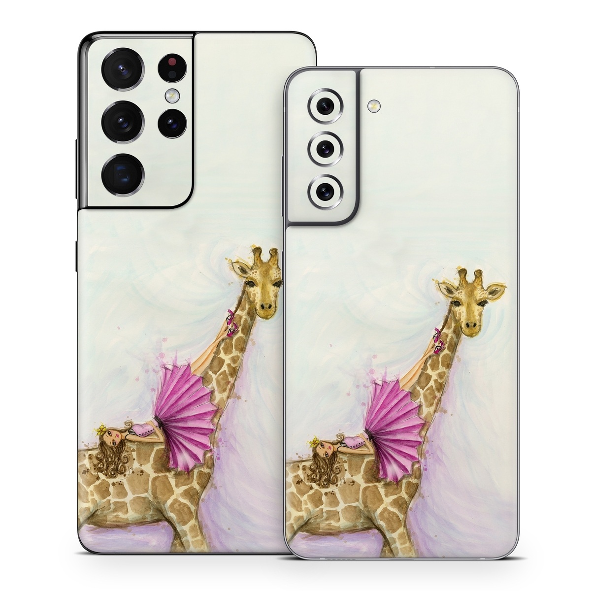 Samsung Galaxy S21 Series Skin design of Giraffe, Giraffidae, Terrestrial animal, Pink, Wildlife, Snout, Fawn, Illustration, Watercolor paint, Magenta, with blue, brown, orange, pink colors
