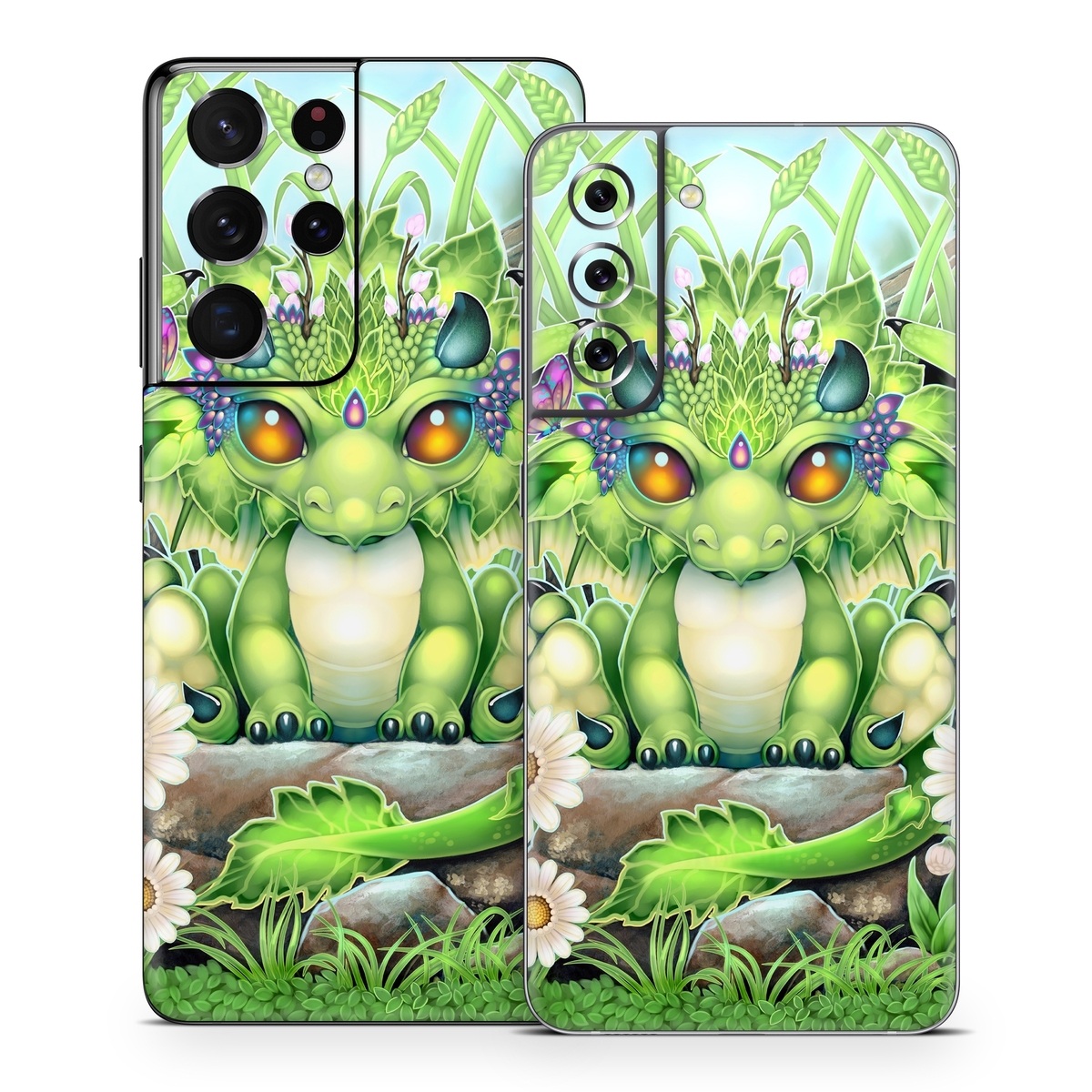 Samsung Galaxy S21 Series Skin design of Plant, Green, Leaf, Natural environment, Flower, Terrestrial plant, Grass, Creative arts, People in nature, Art, with green, white, yellow, brown, blue colors