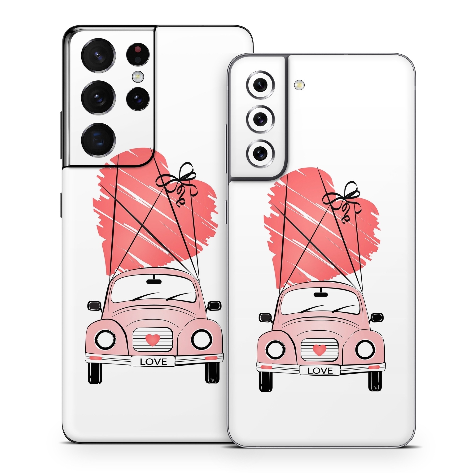 Samsung Galaxy S21 Series Skin design of Land vehicle, Wheel, Vehicle, Tire, Hood, Automotive lighting, Car, Motor vehicle, Kit car, Cartoon, with white, pink, black, red colors