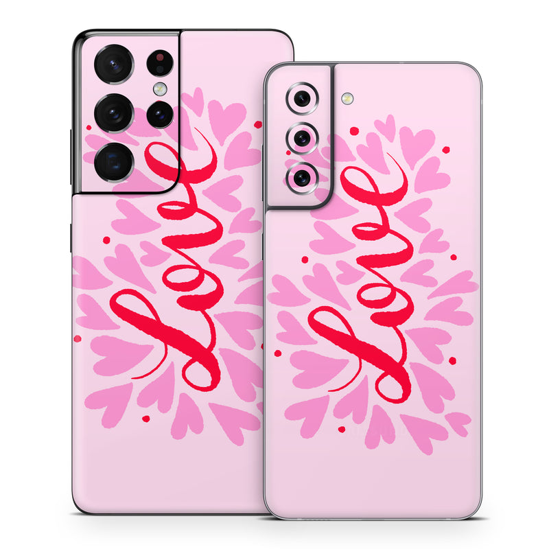 Samsung Galaxy S21 Series Skin design of Plant, Pink, Font, Art, Magenta, Pattern, Logo, Peach, Event, Graphics, with pink, red colors