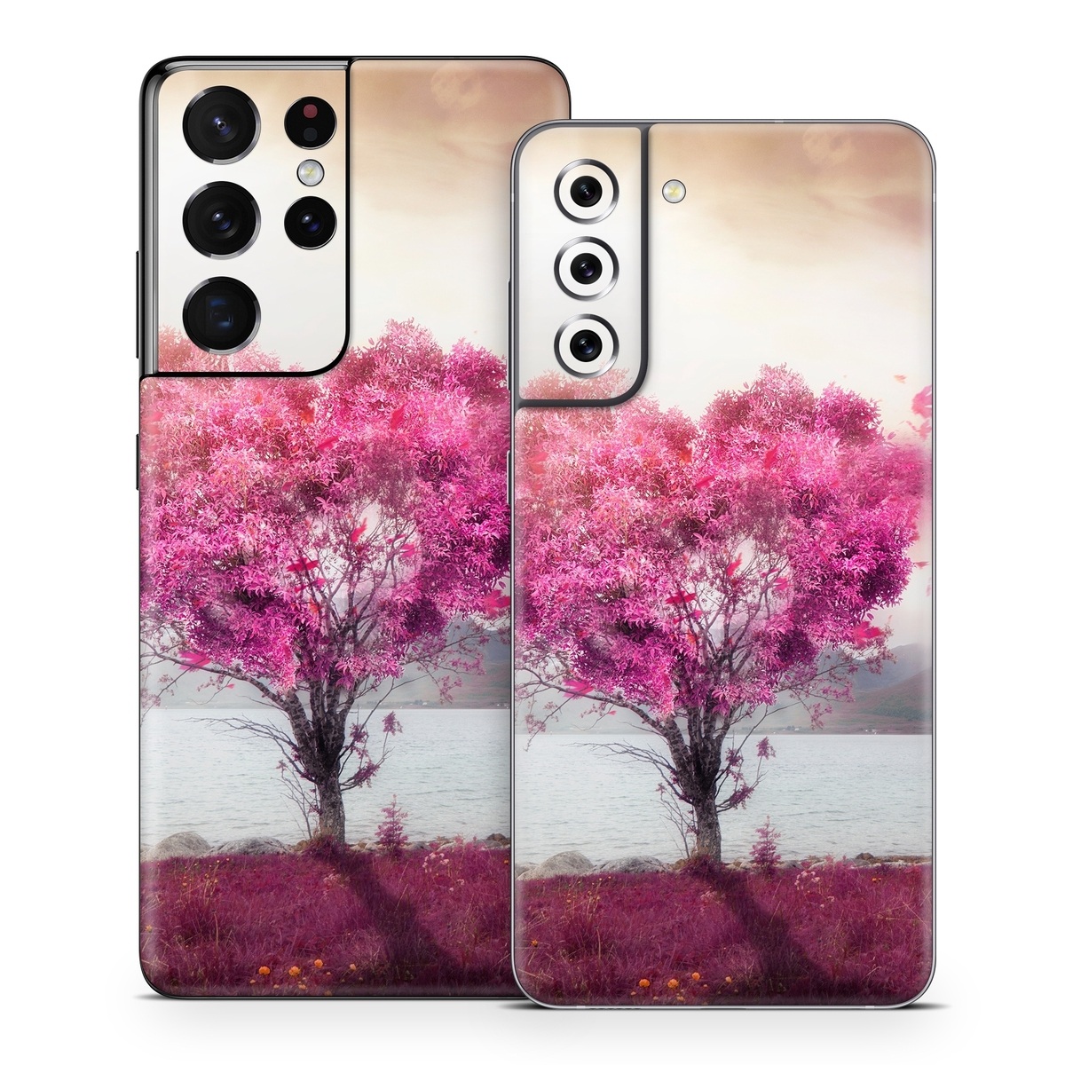 Samsung Galaxy S21 Series Skin design of Sky, Nature, Natural landscape, Pink, Tree, Spring, Purple, Landscape, Cloud, Magenta, with pink, yellow, blue, black, gray colors
