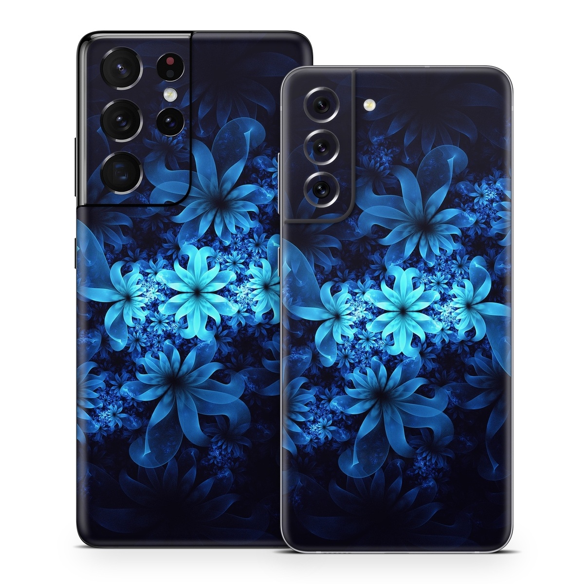 Samsung Galaxy S21 Series Skin design of Nature, Blue, Petal, Organism, Darkness, Flower, Colorfulness, Electric Blue, Majorelle Blue, Pattern, Botany, Still Life Photography, Space, Aquatic Plant, Fractal Art, Visual Arts, Illustration, Symmetry, Midnight, Wildflower, Painting, Still Life, with black, blue, white colors