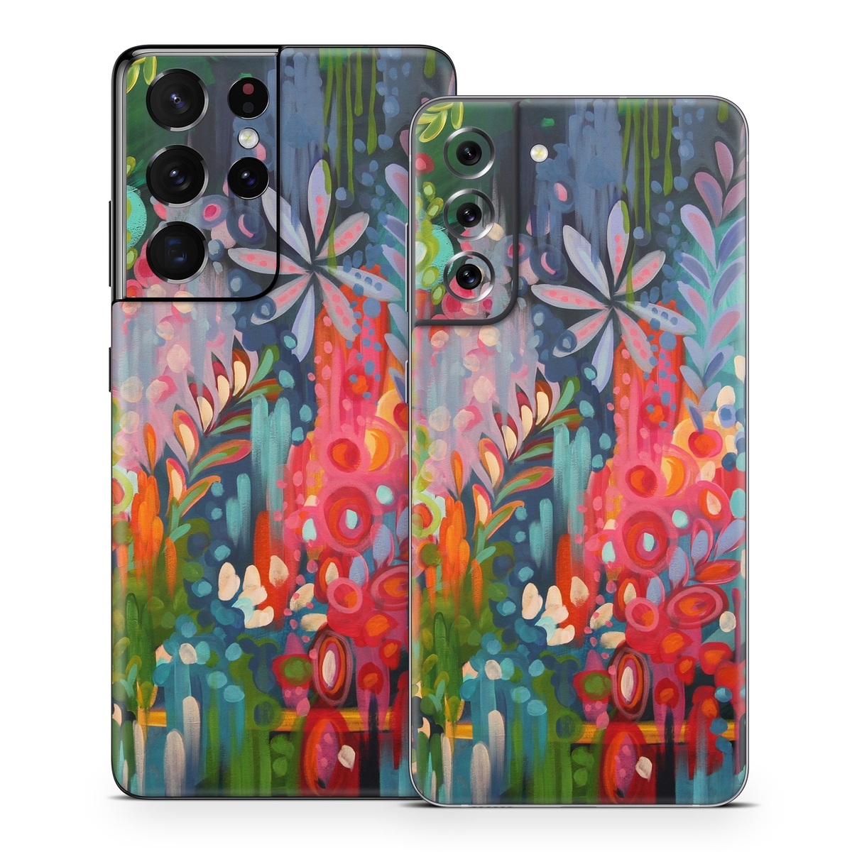 Samsung Galaxy S21 Series Skin design of Painting, Modern art, Acrylic paint, Art, Visual arts, Watercolor paint, Child art, Flower, Plant, Tree, with blue, red, orange, purple, yellow, pink, green colors