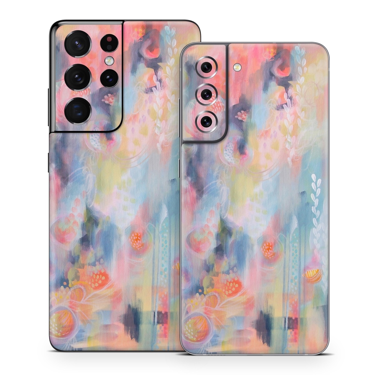 Samsung Galaxy S21 Series Skin design of Painting, Watercolor paint, Modern art, Acrylic paint, Art, Visual arts, Paint, Artwork, Dye, with blue, pink, orange, yellow, red, white colors