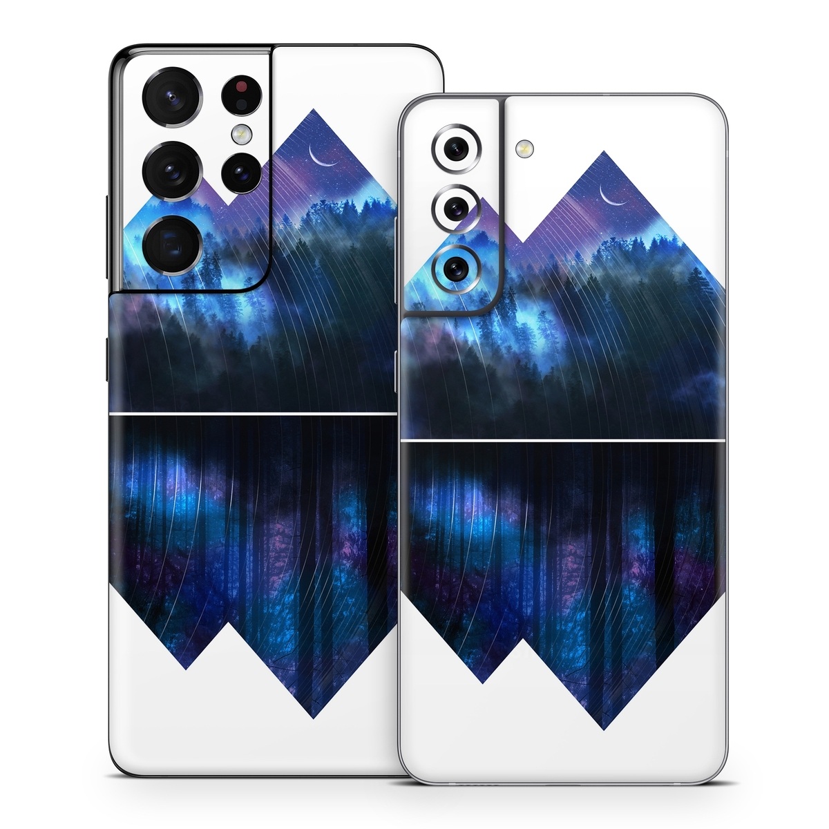Samsung Galaxy S21 Series Skin design of Blue, Cobalt blue, Pyramid, Pattern, Electric blue, Design, Fractal art, Sky, Triangle, Space, with white, blue, purple, black colors