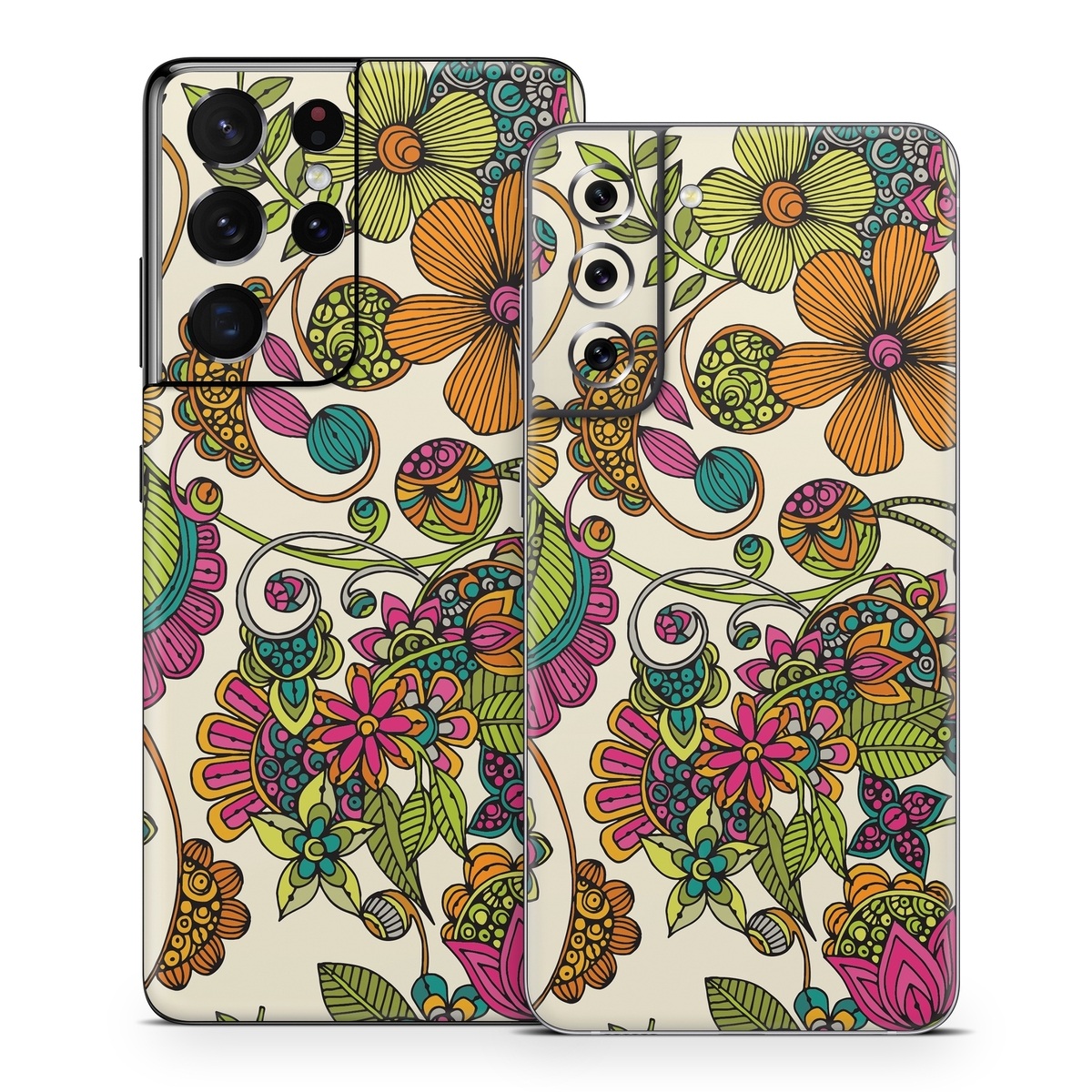 Samsung Galaxy S21 Series Skin design of Pattern, Floral design, Motif, Design, Visual arts, Botany, Pedicel, Flower, Plant, Textile, with green, pink, orange, blue colors