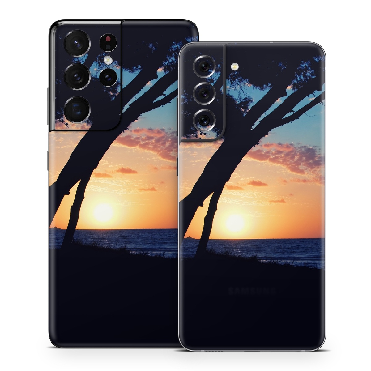 Samsung Galaxy S21 Series Skin design of Sky, Horizon, Nature, Tree, Sunset, Sunrise, Ocean, Sea, Natural landscape, Afterglow, with black, gray, blue, green, red, pink colors
