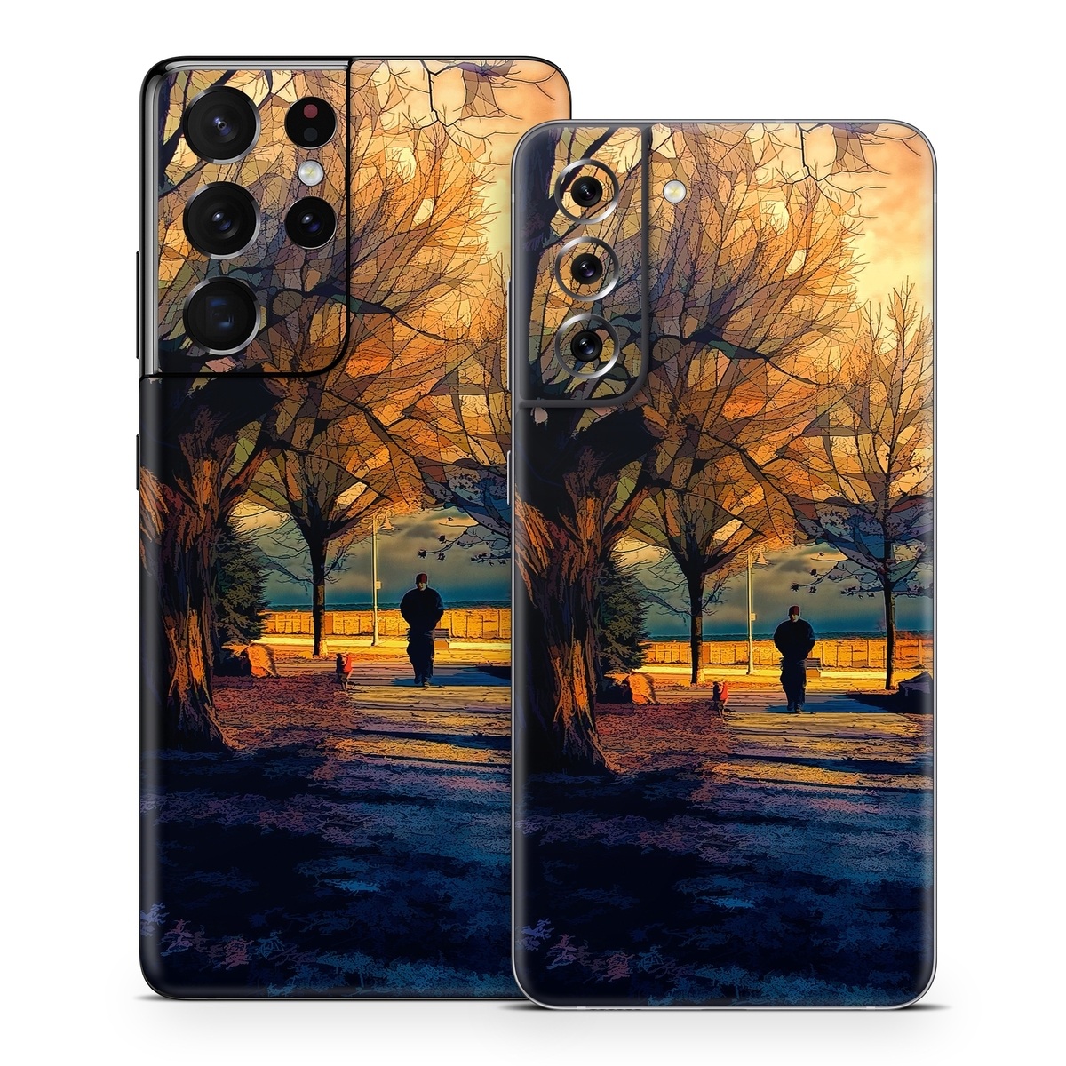 Samsung Galaxy S21 Series Skin design of Sky, Nature, Natural landscape, Tree, Cloud, Sunset, Evening, Morning, Sunrise, Horizon, with black, brown, yellow, orange, blue colors