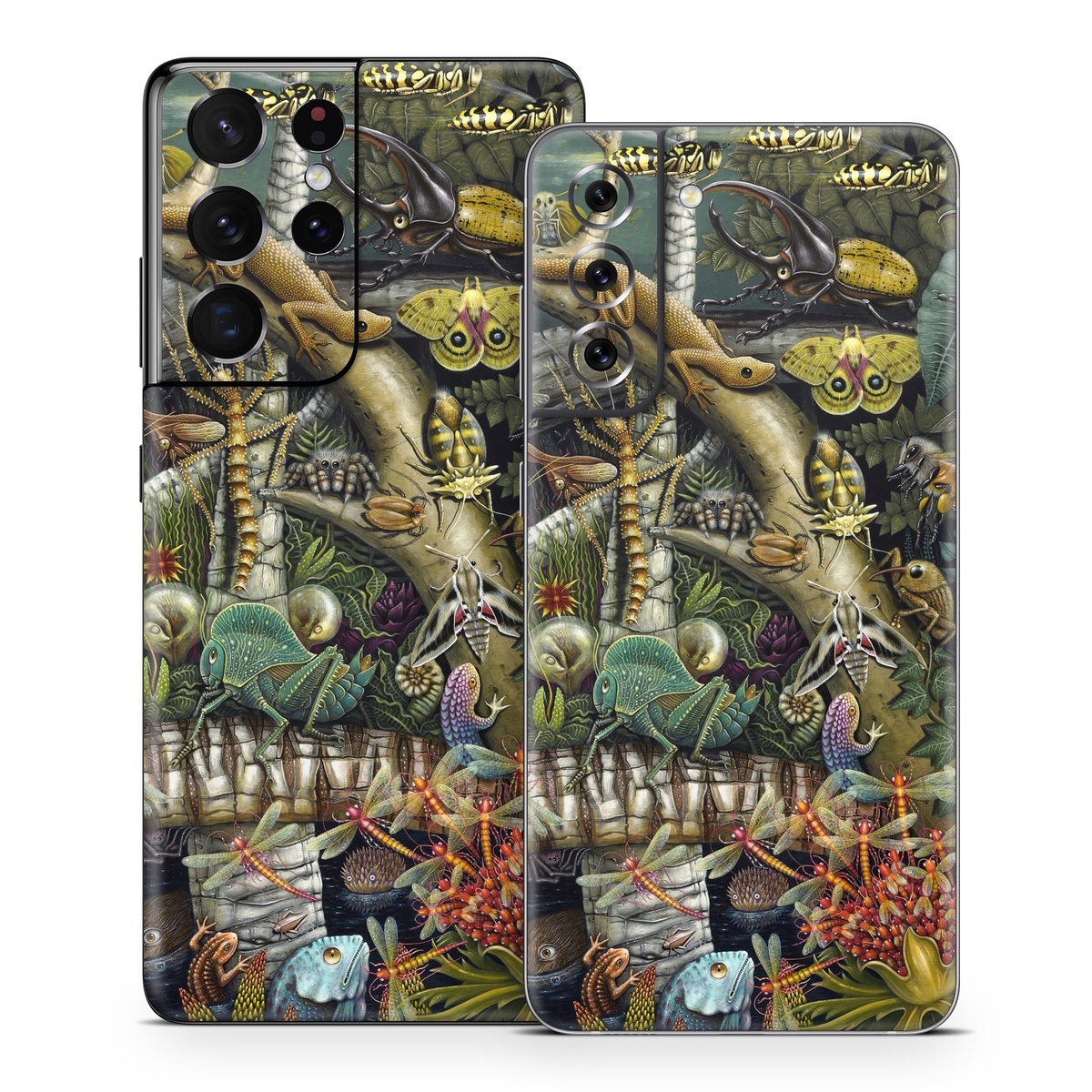 Samsung Galaxy S21 Series Skin design of Strategy video game, Mythology, Art, Games, Plant, Painting, Adventure game, Jungle, Fictional character, Nepenthes, with green, brown, red, yellow, gray, blue, white colors