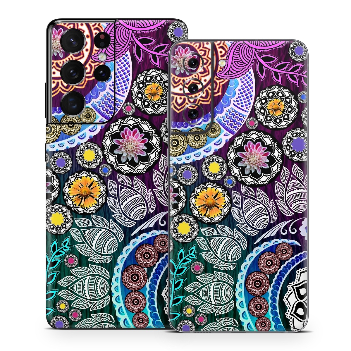 Samsung Galaxy S21 Series Skin design of Pattern, Psychedelic art, Art, Visual arts, Design, Floral design, Textile, Motif, Circle, Illustration, with black, gray, purple, blue, green, red colors
