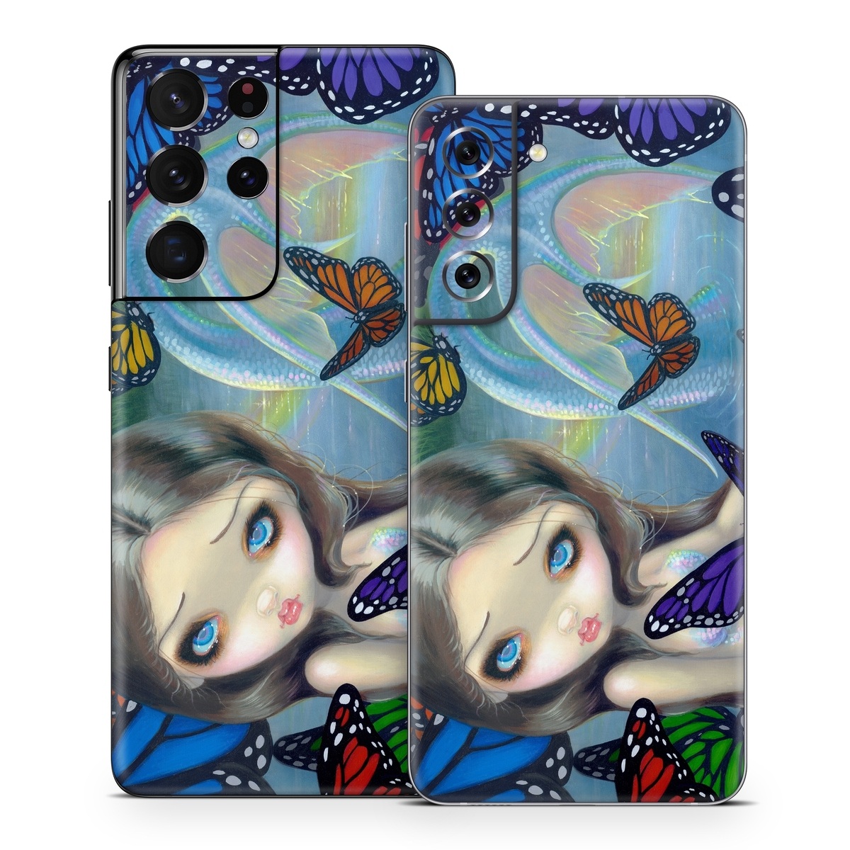 Samsung Galaxy S21 Series Skin design of Butterfly, Insect, Monarch butterfly, Moths and butterflies, Cynthia (subgenus), Invertebrate, Pollinator, Brush-footed butterfly, Organism, Art, with gray, black, blue, red, pink colors