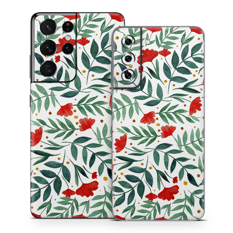 Samsung Galaxy S21 Series Skin design of Flower, Plant, Textile, Line, Petal, Pattern, Flowering plant, Pedicel, Creative arts, Rectangle, with red, green, orange, white colors