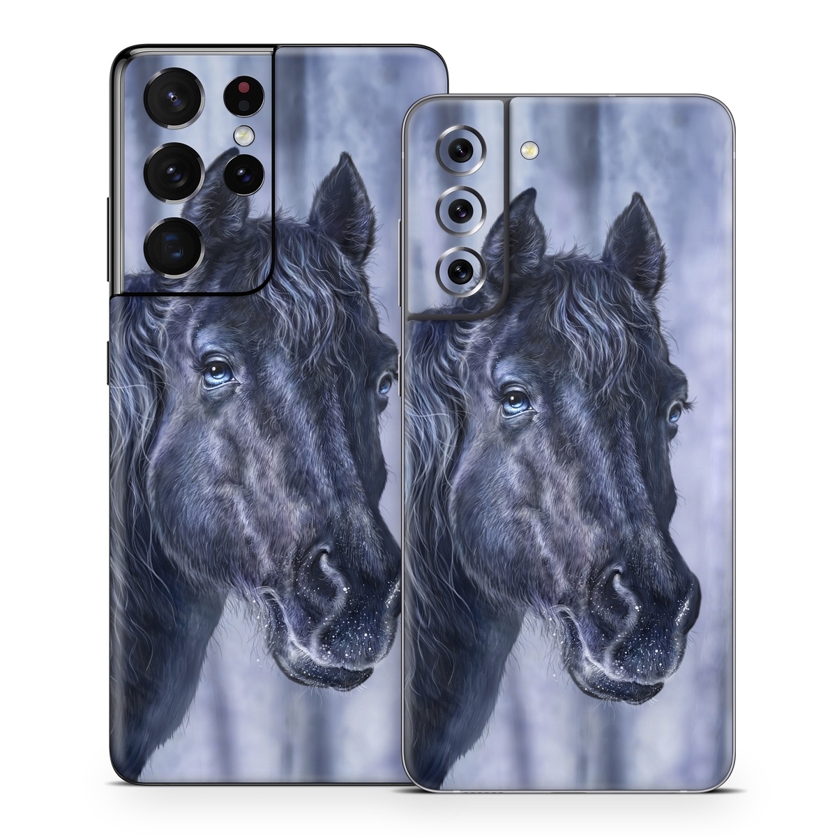 Samsung Galaxy S21 Series Skin design of Horse, Mammal, Vertebrate, Hair, Mane, Stallion, Snout, Mare, Mustang horse, Livestock, with black, white, blue colors