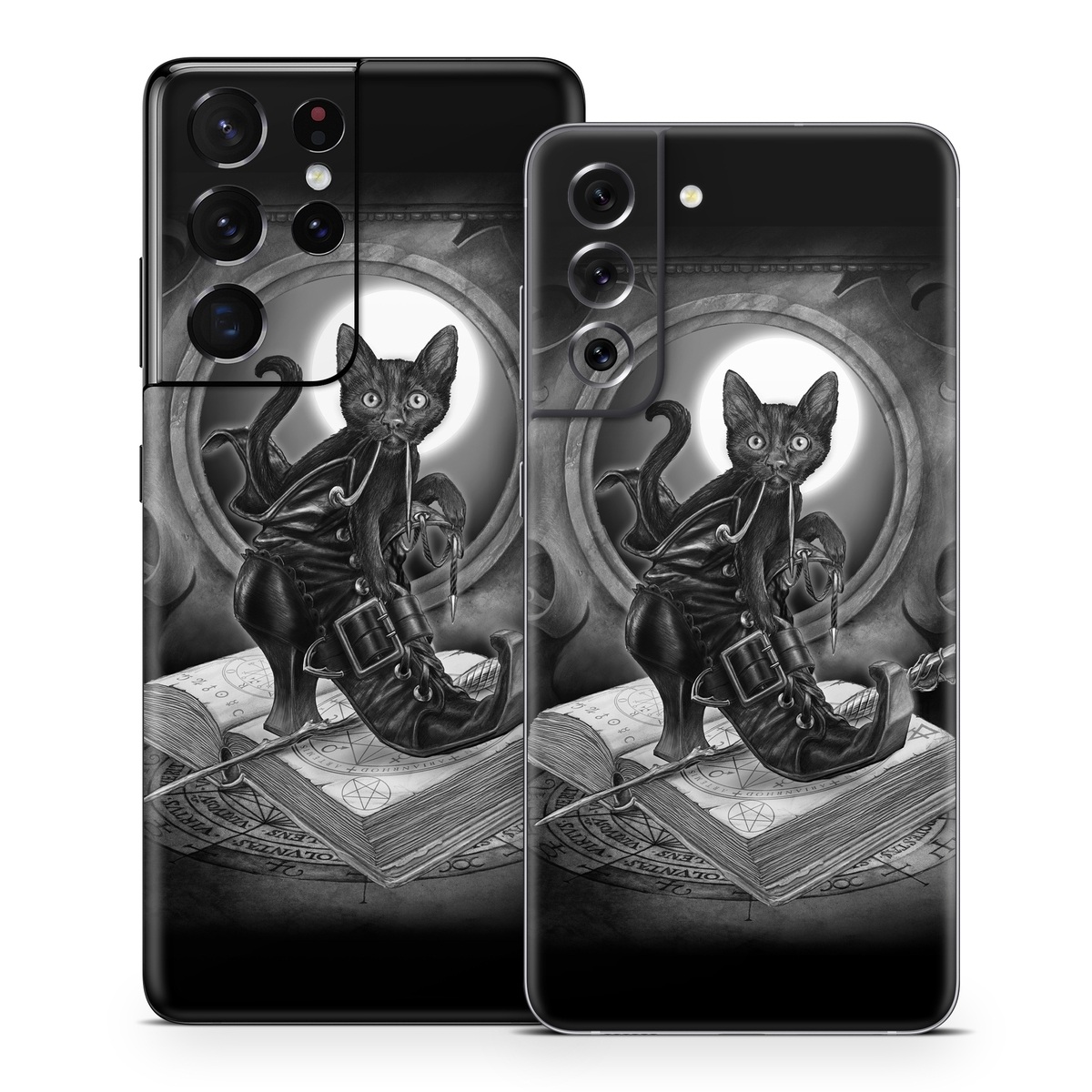 Samsung Galaxy S21 Series Skin design of Cat, Boot, Book, Wand, Shoelace, Mirror, with black, white, gray colors