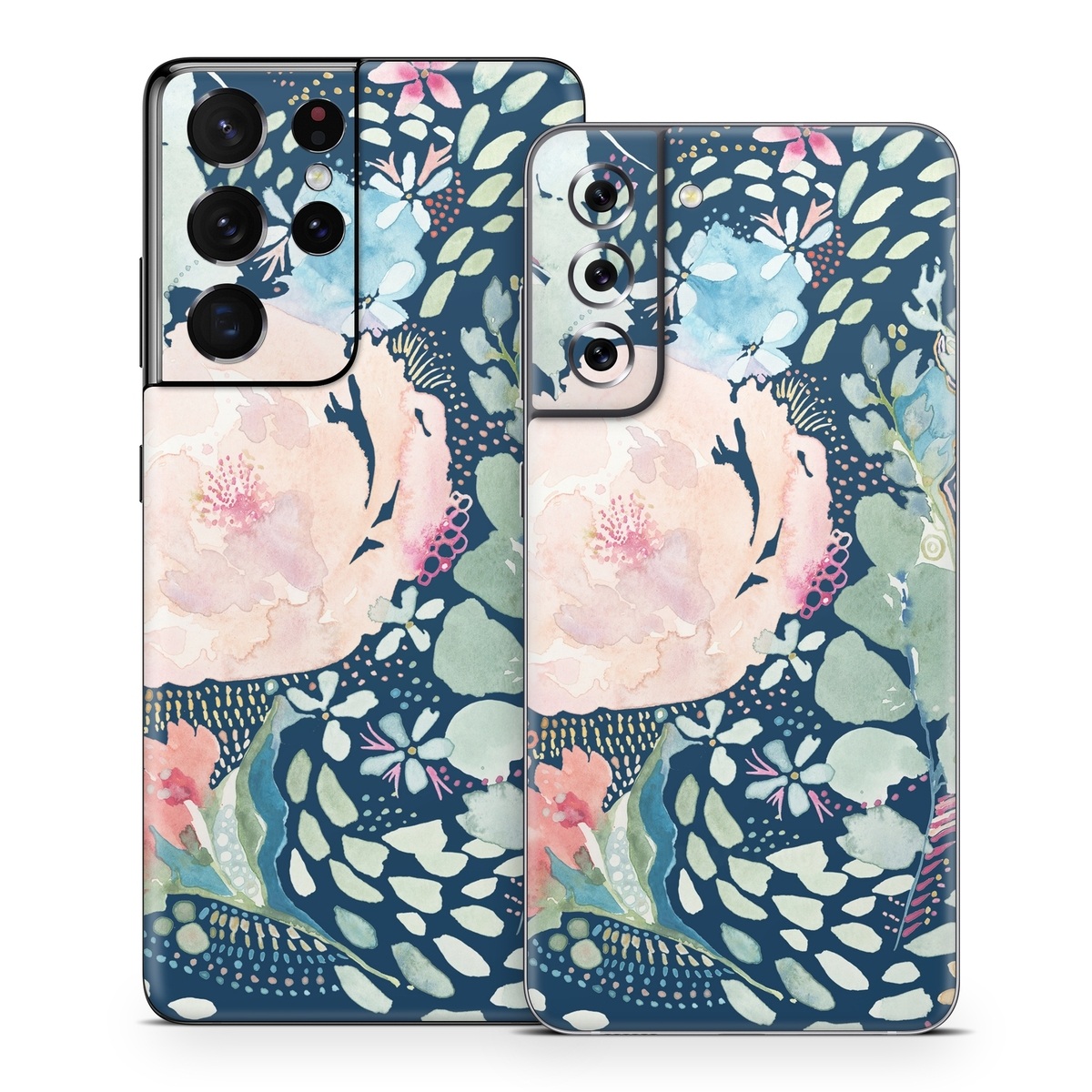 Samsung Galaxy S21 Series Skin design of Flower, Plant, Petal, Botany, Textile, Sleeve, Creative arts, Art, Painting, Aqua, with blue, pink, green, white, orange, yellow, red colors