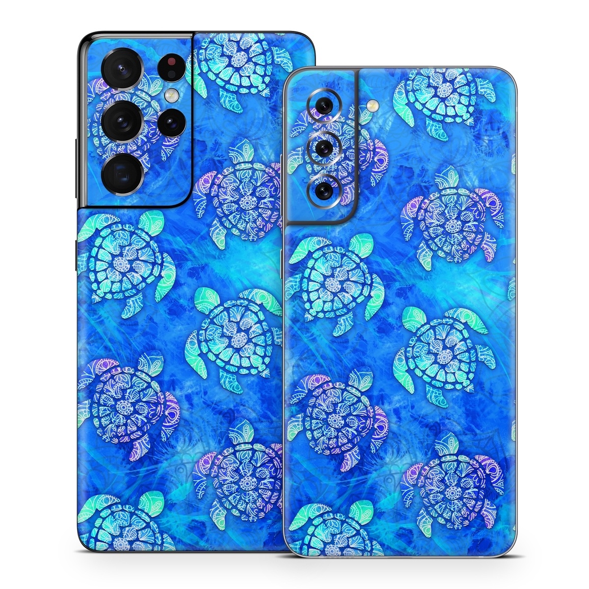 Samsung Galaxy S21 Series Skin design of Blue, Pattern, Organism, Design, Sea turtle, Plant, Electric blue, Hydrangea, Flower, Symmetry, with blue, green, purple colors