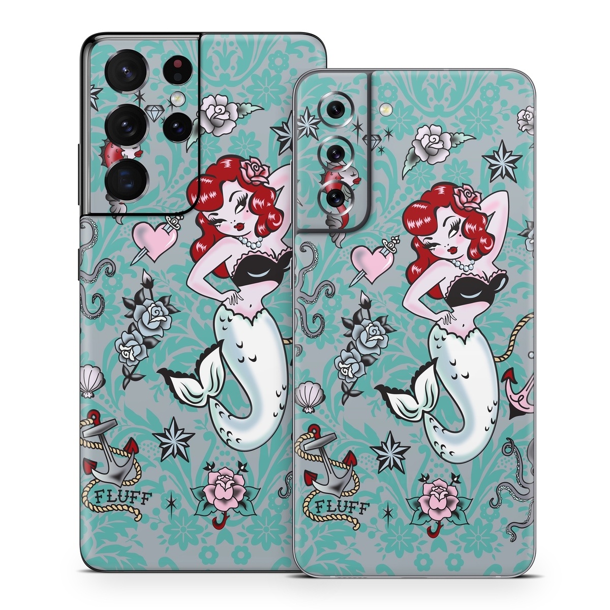 Samsung Galaxy S21 Series Skin design of Mermaid, Illustration, Fictional character, Organism, Art, Pattern, Style, with gray, blue, black, red, white, pink colors