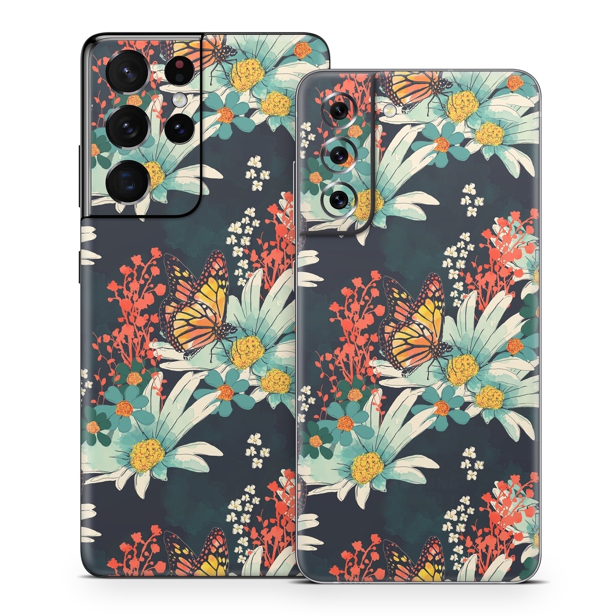 Samsung Galaxy S21 Series Skin design of Floral design, Pattern, Flower, Floristry, Textile, Botany, Plant, Visual arts, Design, Flower Arranging, with black, gray, green, red, blue, pink colors