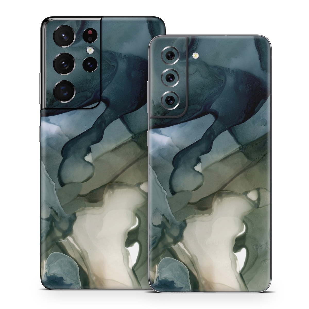 Samsung Galaxy S21 Series Skin design of Azure, Petal, Organism, Grey, Art, Pattern, Beauty, Painting, Close-up, Tree, with black, blue, green, white colors