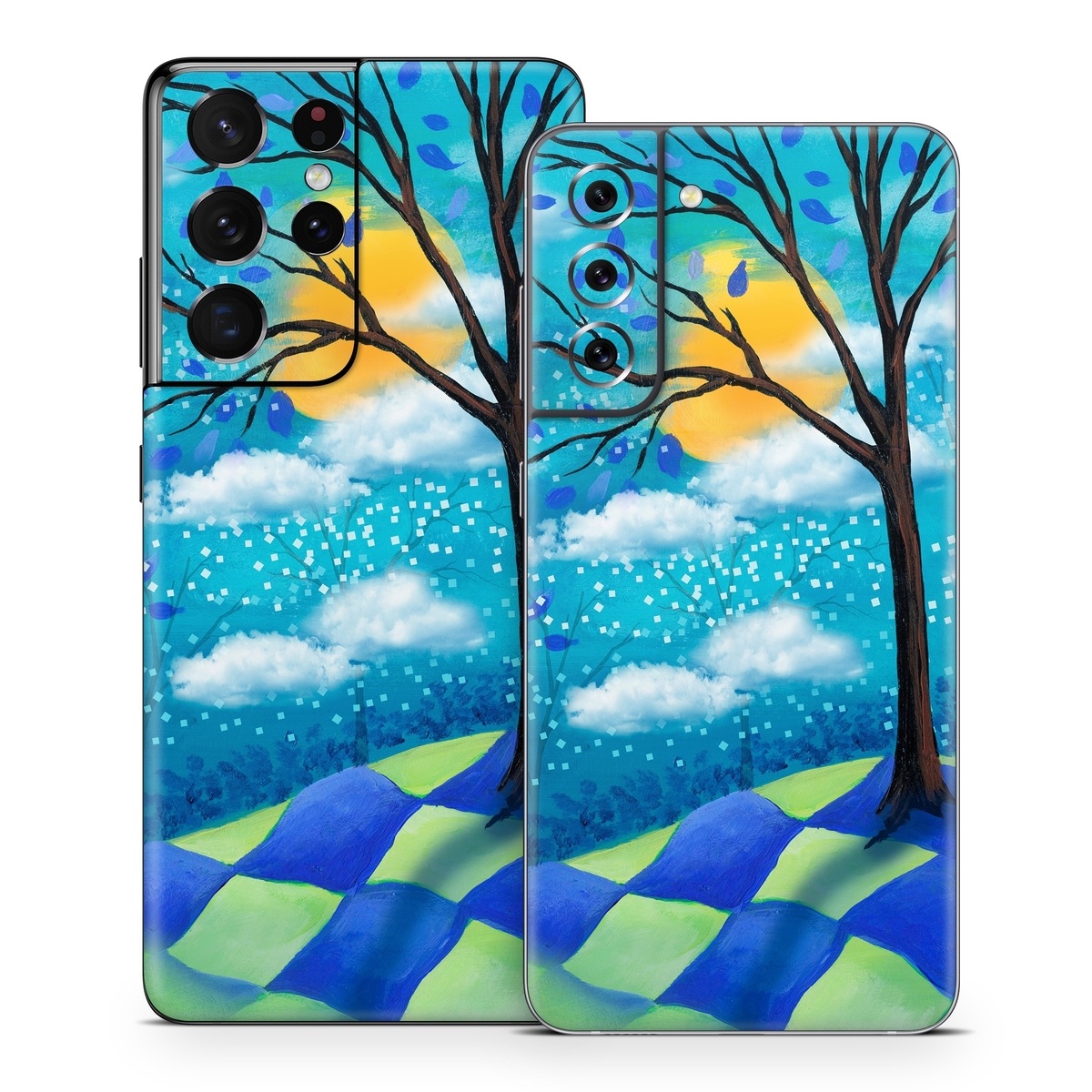 Samsung Galaxy S21 Series Skin design of Natural landscape, Nature, Blue, Tree, Sky, Branch, Spring, Woody plant, Plant, Leaf, with blue, gray, black, purple, green colors