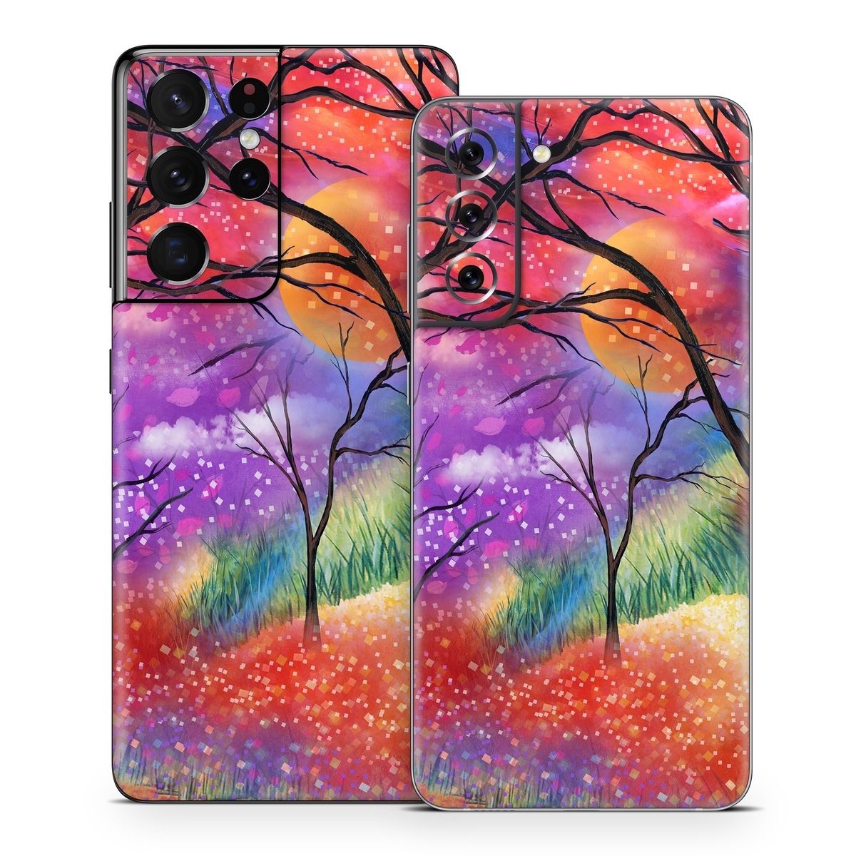 Samsung Galaxy S21 Series Skin design of Nature, Tree, Natural landscape, Painting, Watercolor paint, Branch, Acrylic paint, Purple, Modern art, Leaf, with red, purple, black, gray, green, blue colors