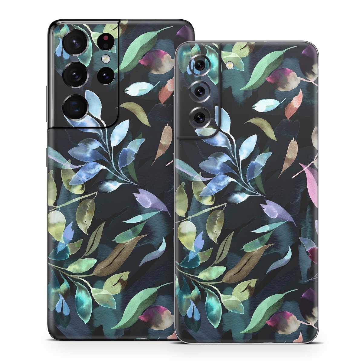 Samsung Galaxy S21 Series Skin design of Flower, Leaf, Plant, Botany, Organism, Line, Art, Petal, Groundcover, Terrestrial plant, with black, blue, green, purple, pink, red, white colors