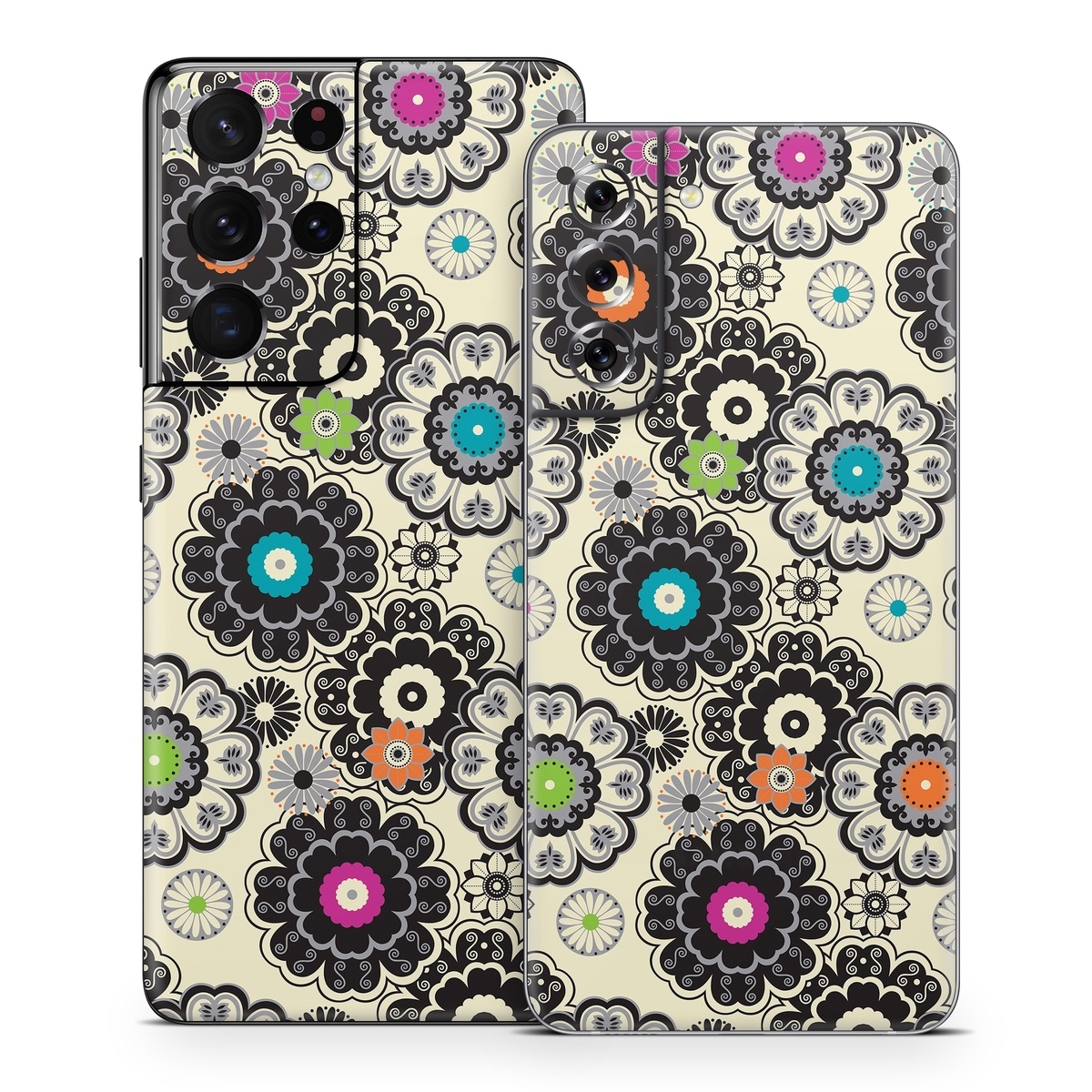 Samsung Galaxy S21 Series Skin design of Pattern, Circle, Design, Visual arts, Floral design, Textile, Psychedelic art, Art, Plant, with gray, black, pink, green, purple colors